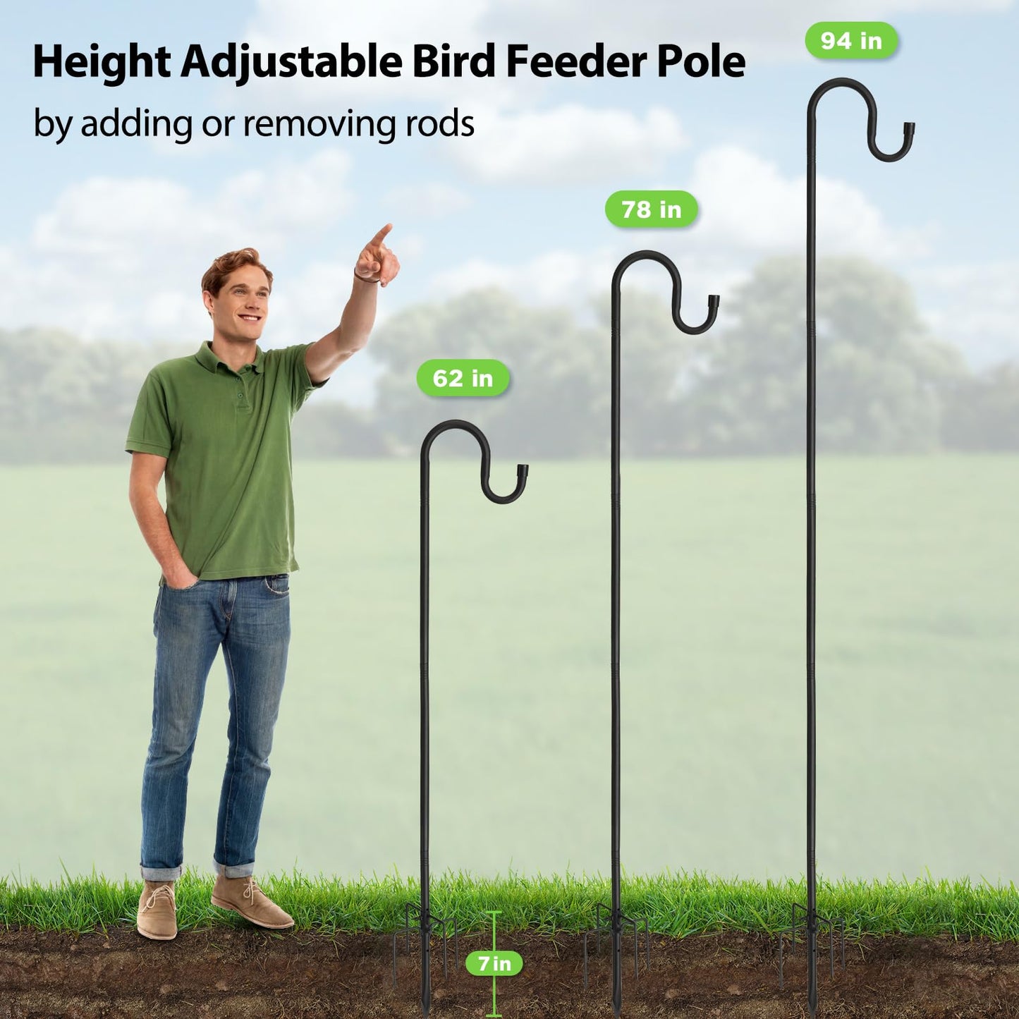 Bird Feeder Pole, 94" Shepherds Hooks for Outdoor, 4/5” Thick Hummingbird Feeders Stand Heavy Duty, Hanging Plant Hanger Stake with 5-Prong Base, Metal Shepard Stick for Outside Garden Yard Wedding