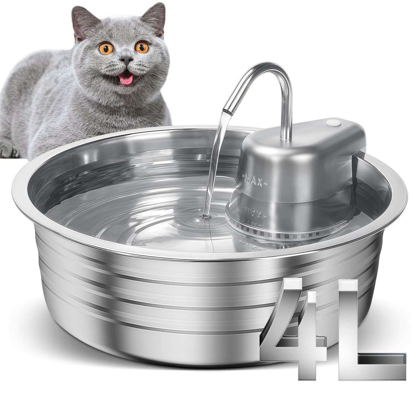 Dog Water Fountain, 4L/135OZ Stainless Steel Pet Fountain Dog Water Dispenser Bowl Cat Drinking Fountains Watering Supplies with Ultra-Quiet Pump for Cats, Dogs, Multiple Pets Indoor