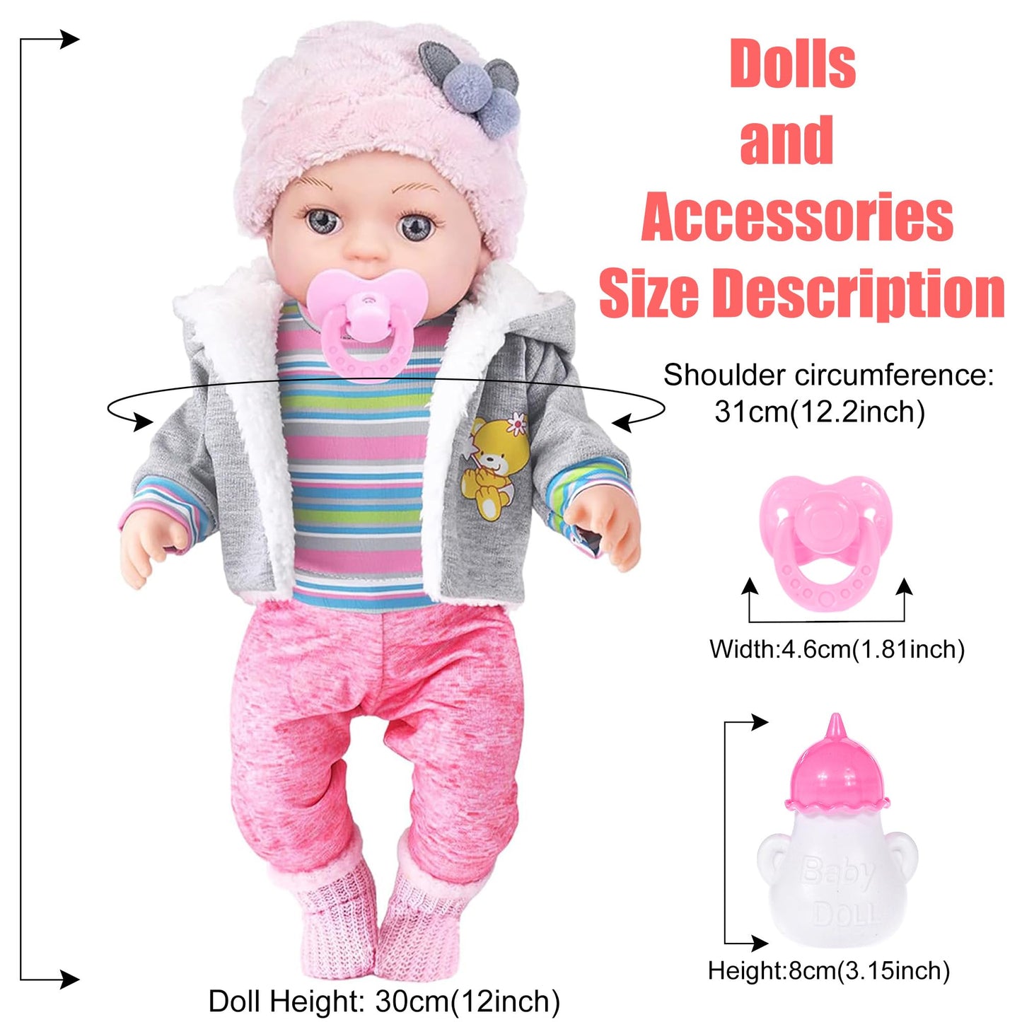 ebuddy 12 Inch Baby Doll - 12" Lifelike Baby Doll with 3-Piece Outfits, 4 Accessories & Feeding Playset - Realistic Rosy Cheeks & Blue Eyes, for Kids