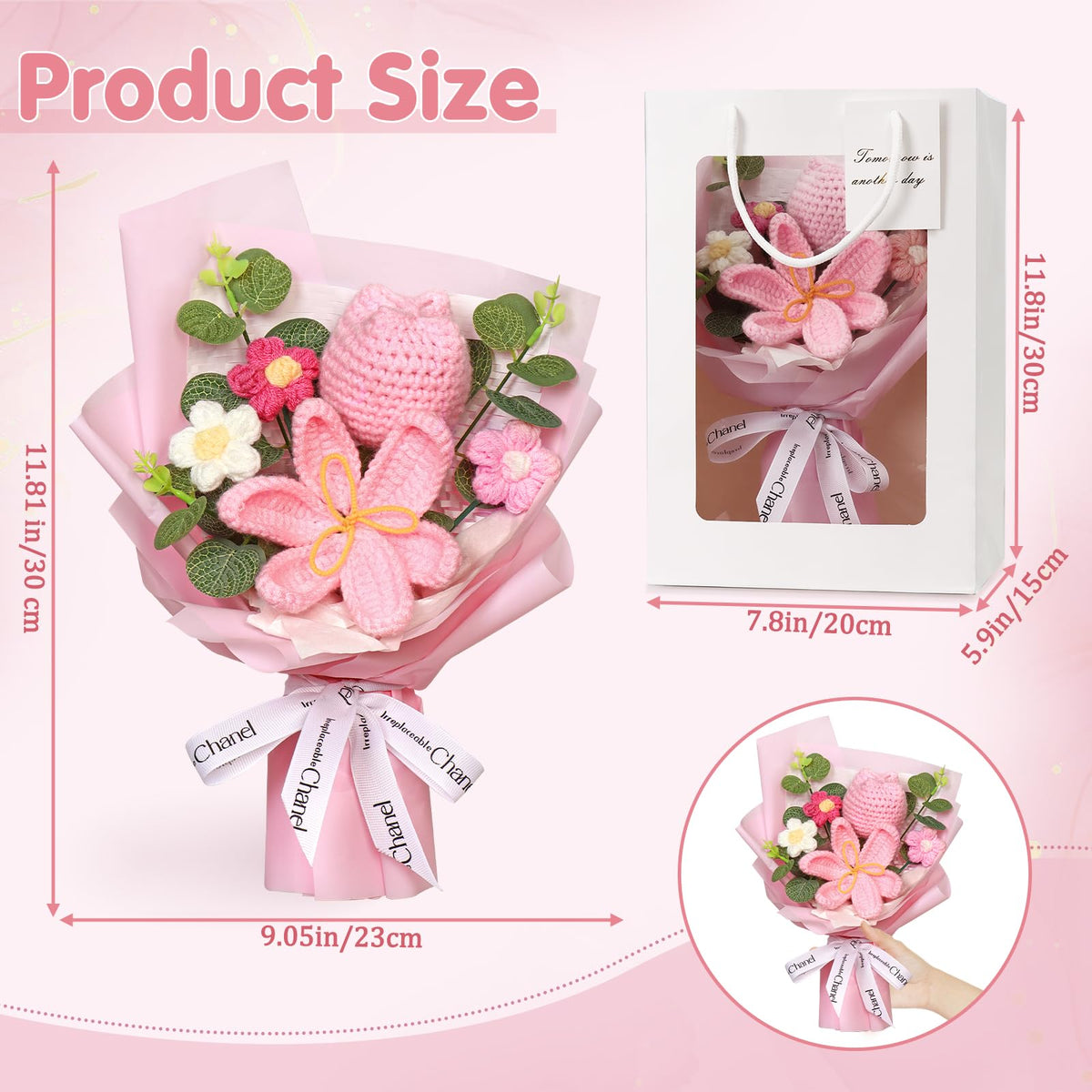 DEMIUKO Crochet Flower Bouquet, Pink Handmade Crochet Flowers Knitted Bouquet Completed Crocheted Flowers Finished Bouquet Gift for Mom Women Lover Valentine's Day Birthday Wedding Anniversary