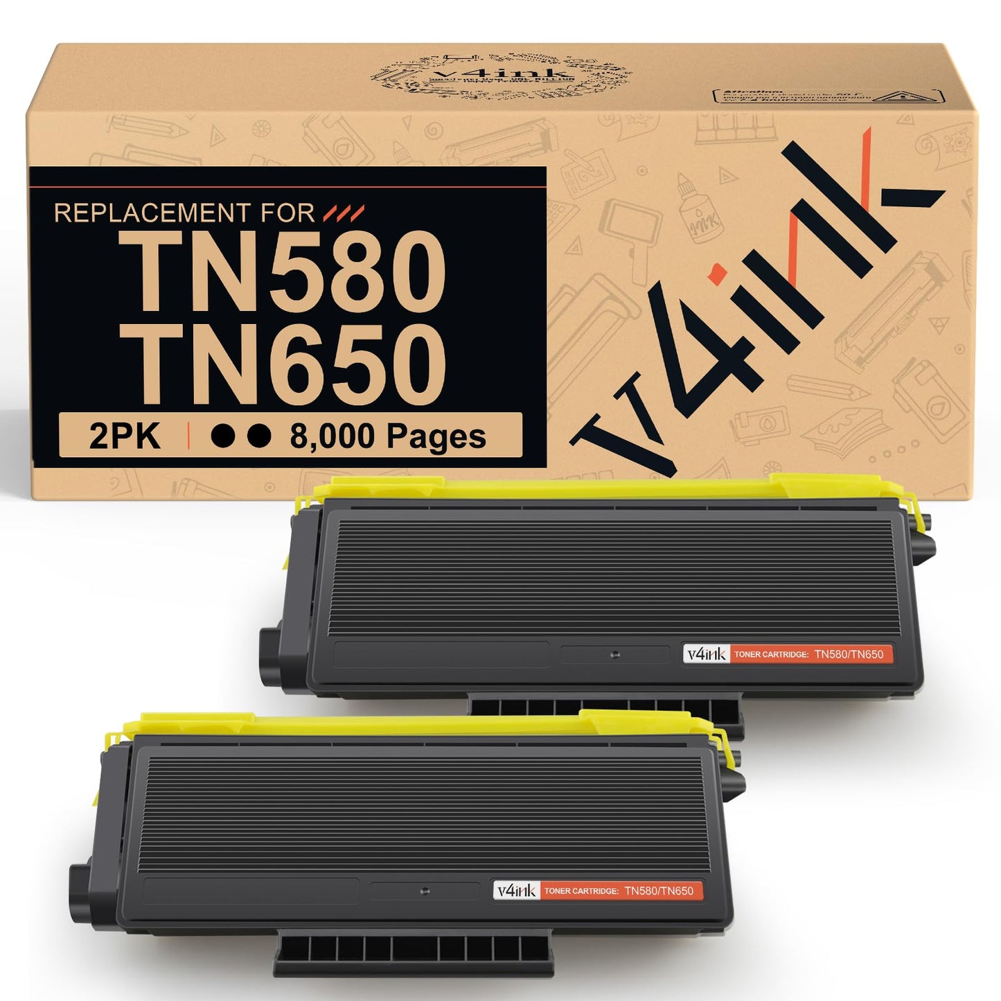 v4ink 2-Pack Compatible Toner Cartridge Replacement for Brother TN580 TN620 TN650 High-Yield Work with HL-5240 HL-5250 HL-5340 HL-5370 MFC-8460 MFC-8480 MFC-8680 MFC-8690 MFC-8860 MFC-8890 Series
