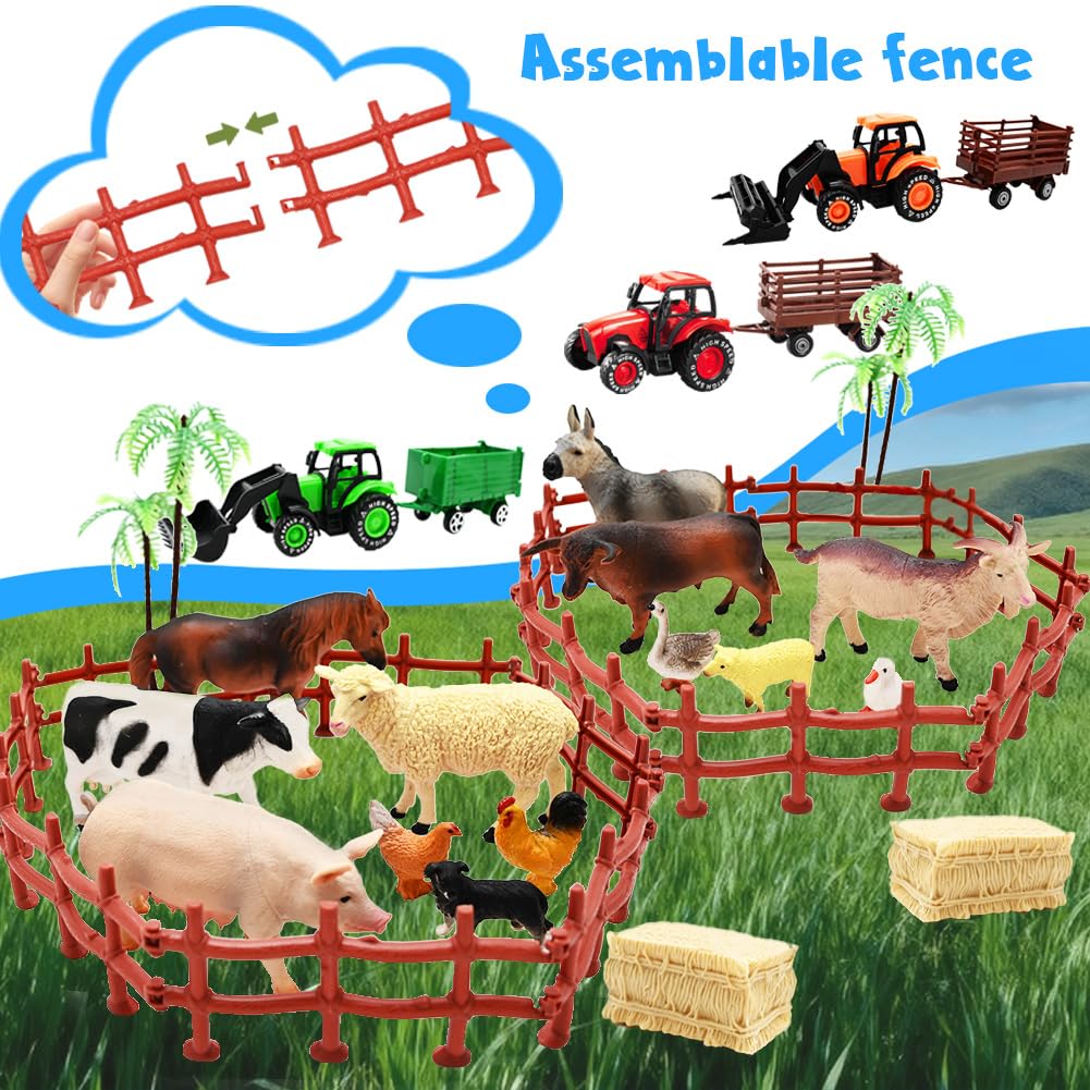 3 Pack Farm Toy Tractor with 40pcs Plastic Farm Animals Figurines and Fence Farm Playset, Farm Figures Farmer Vehicle Toy Truck with Trailer for Kids Boys Girls Toddlers