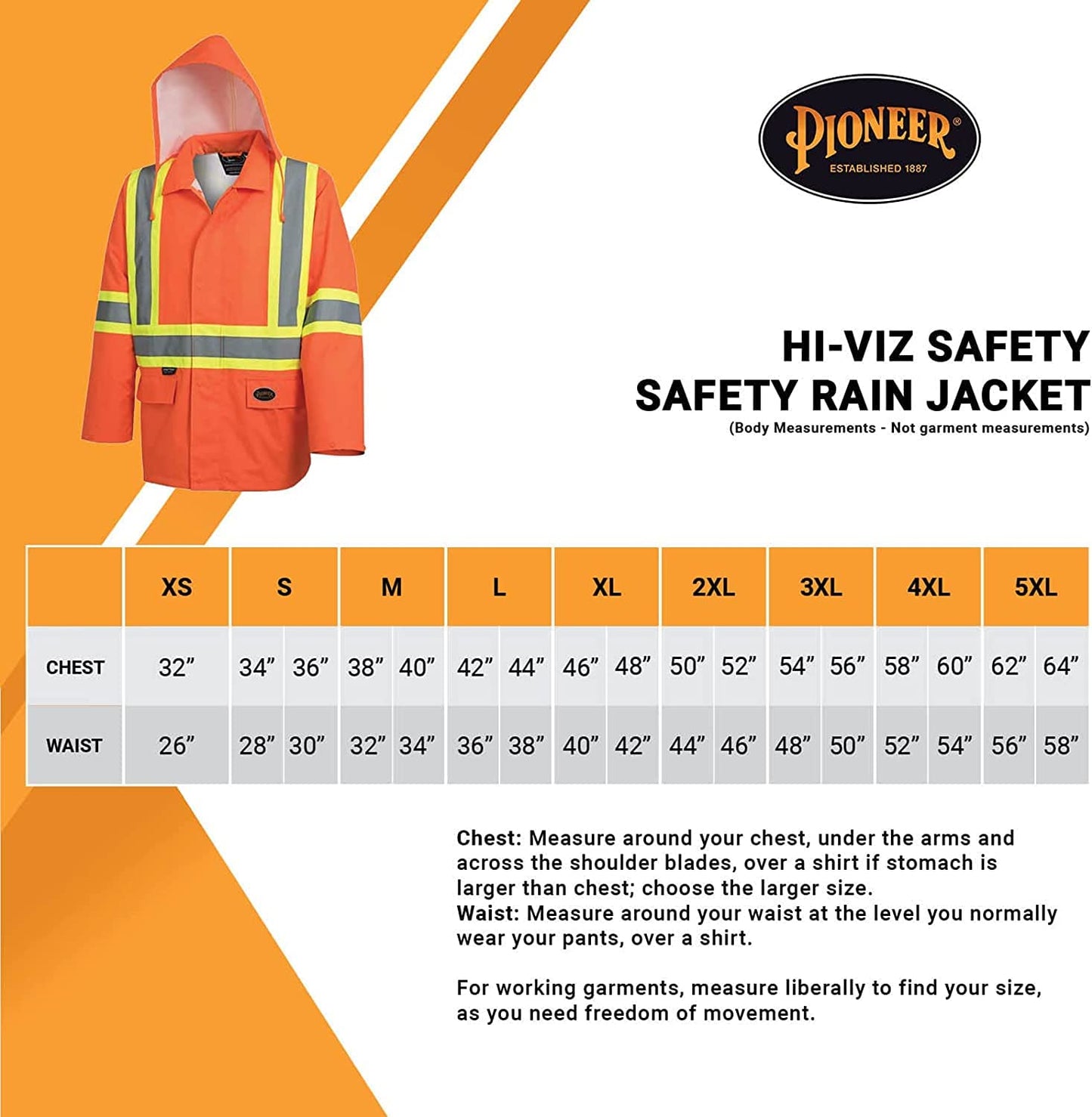 Pioneer V1081350 Hi-Viz Safety Rain Jacket, Tear and Abrasion Resistant