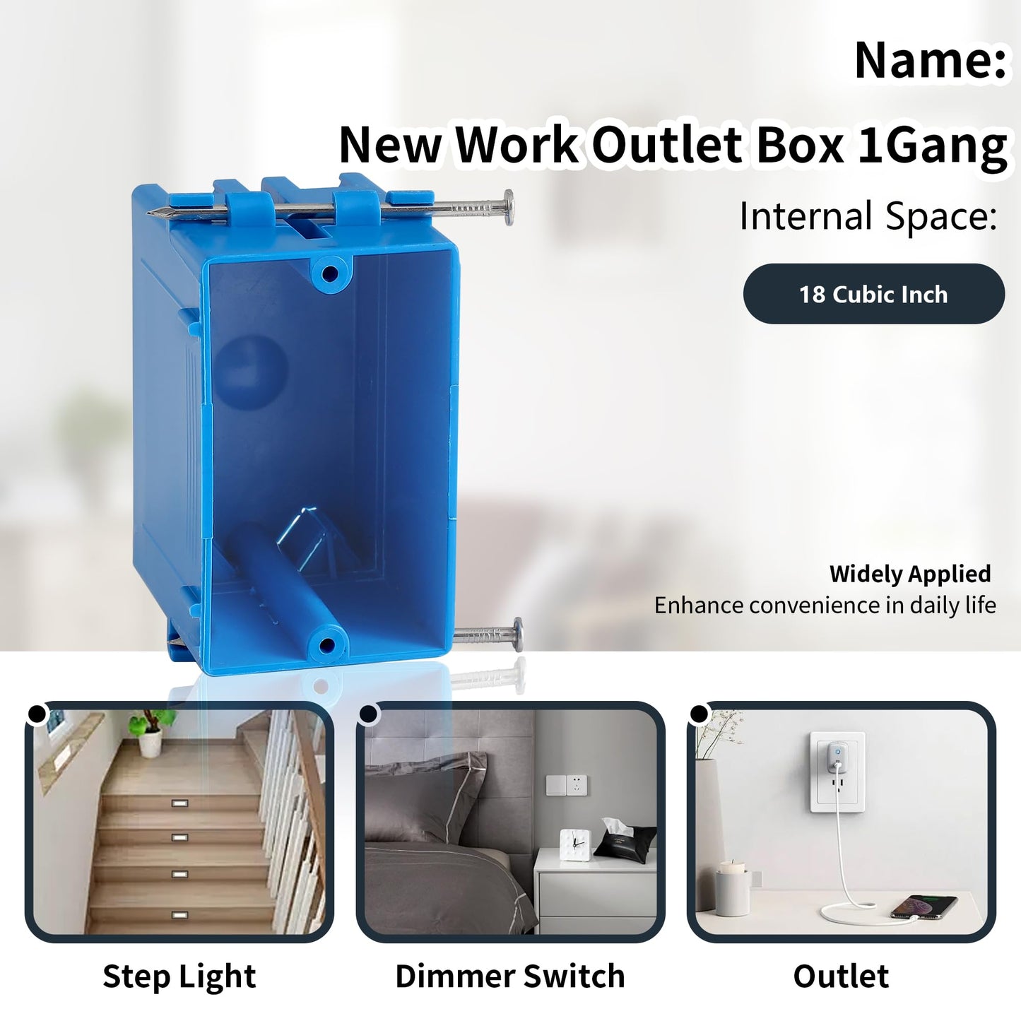 10-Pack Single Gang Electrical Box, New Work Box 1 Gang with Nail, 18 cu. in, Blue Switch & Outlet PVC Wall Electrical Junction Box for Residential Commercial Buildings Job Applications