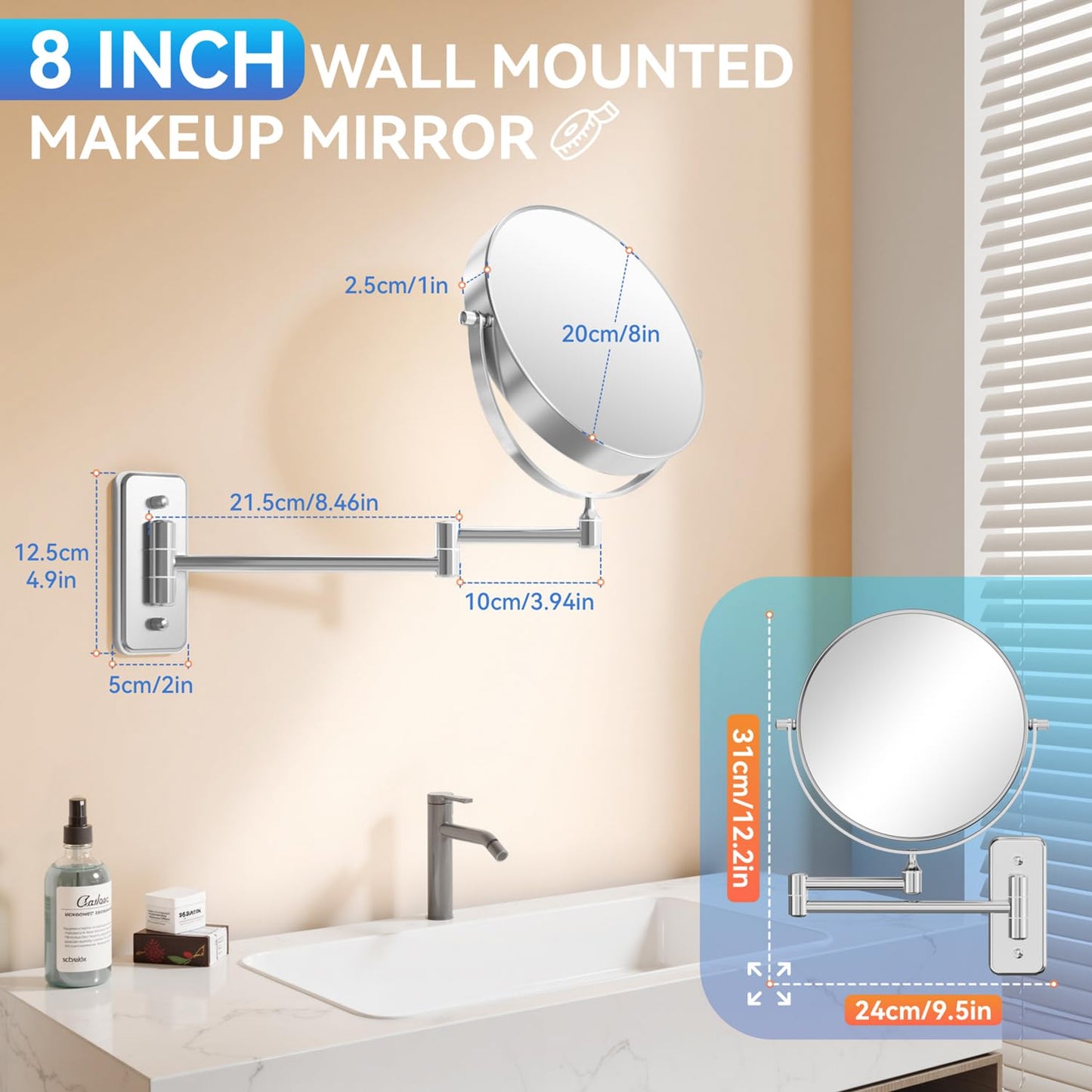 Auxmir 30X/1X Wall Mounted Makeup Mirror, 8" Double-Sided Magnifying Mirror with Tweezers, Bathroom Vanity Makeup Mirror, Cosmetic Mirror with 360° Swivel Extendable Arm, Chrome
