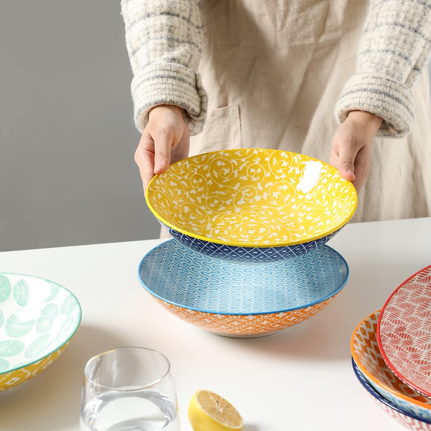 Selamica Porcelain 40oz Large Bowls 9 inch Big Pasta Salad Bowls, Microwave and Oven Safe, Colorful, Set of 6