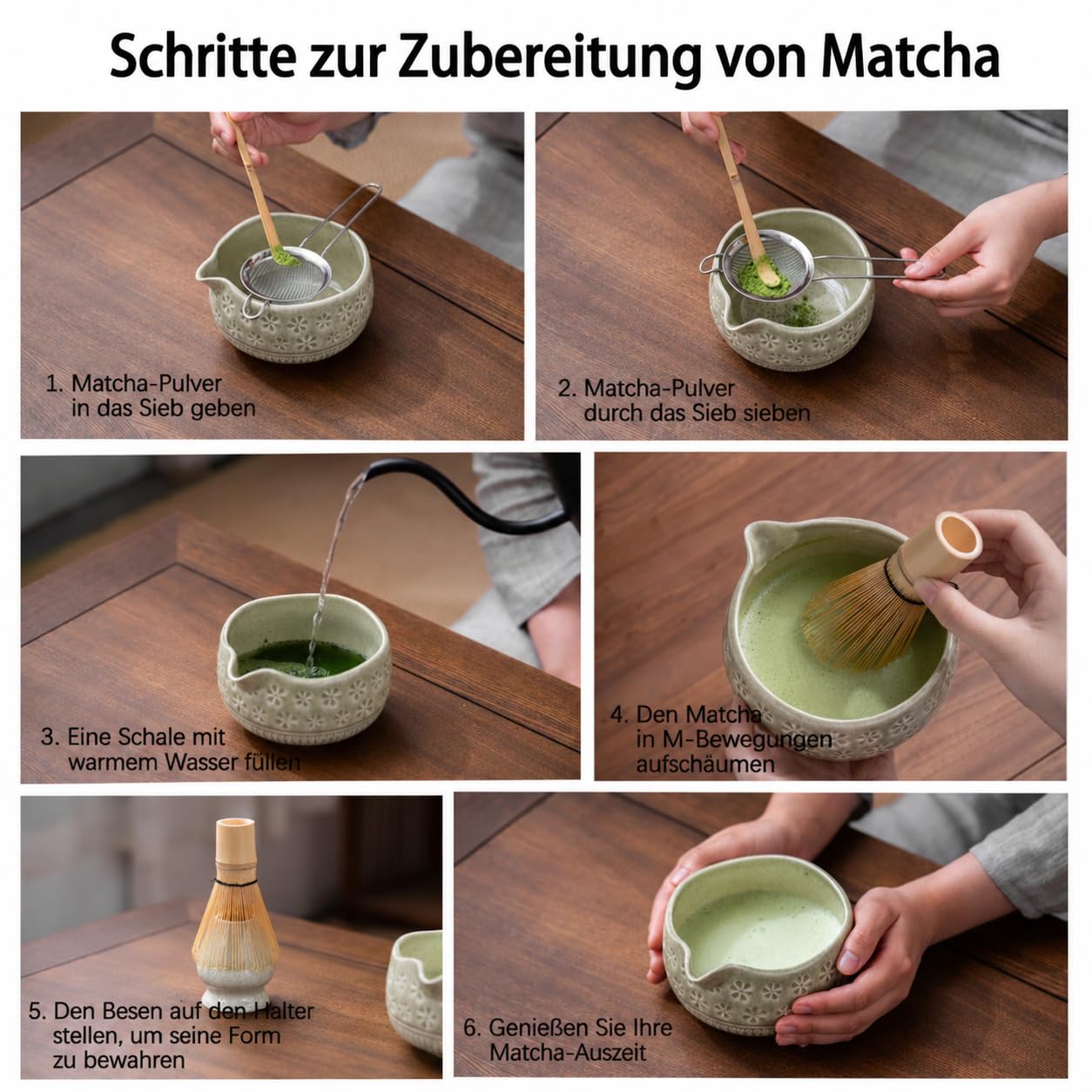 Buucup Matcha Whisk Set, Ceramic Matcha Set Includes Matcha Bowl, Matcha Whisk and Holder, Bamboo Scoop, Scoop Rest, Sifter and Tea Towel - 7 Pcs Matcha Kit for Matcha Lovers (Mottled Green)