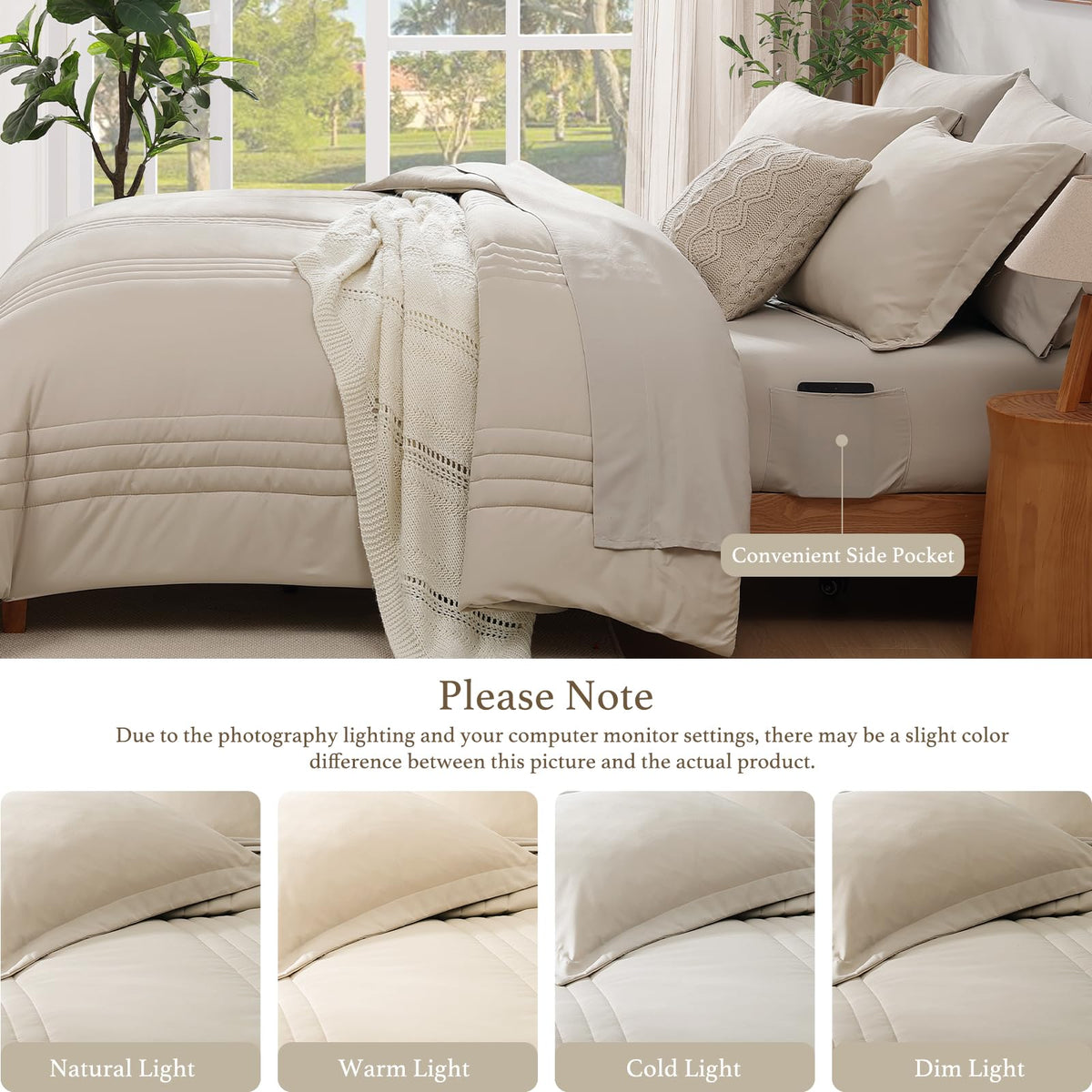 Monbix Queen Comforter Set - 7 Pieces Apricot Beige Bed in a Bag Queen Bedding Sets with Comforters, All Seasons Comforter Bed Set with Sheets, Pillowcases & Shams