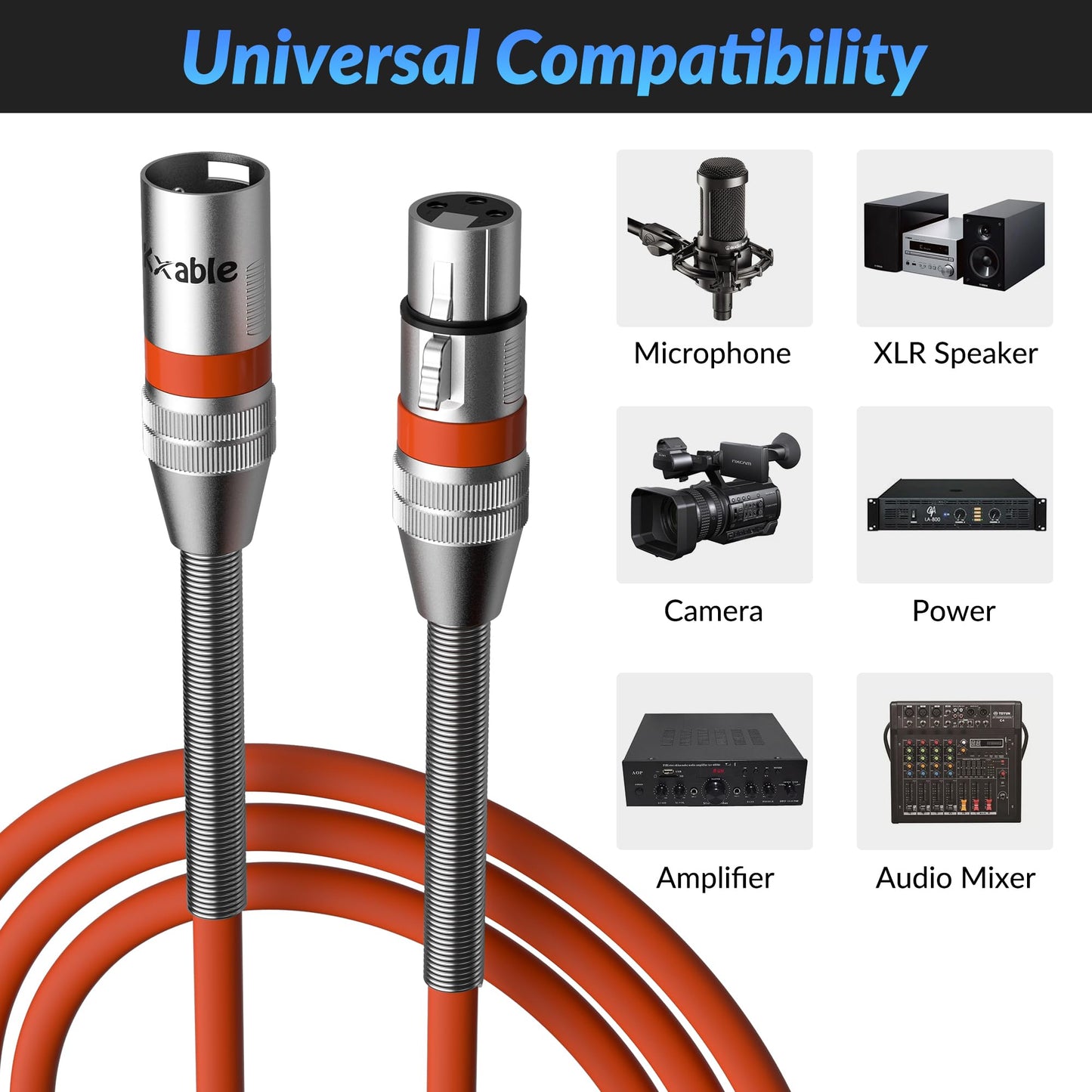 Kxable XLR Microphone Cable 100 FT, XLR Male to Female Balanced Mic Cable, 3-Pin Shielded Speaker Cord, Zinc Alloy Connectors, 22AWG Pure Copper, Metal Spring SR, Recording Studio, Podcast, Orange