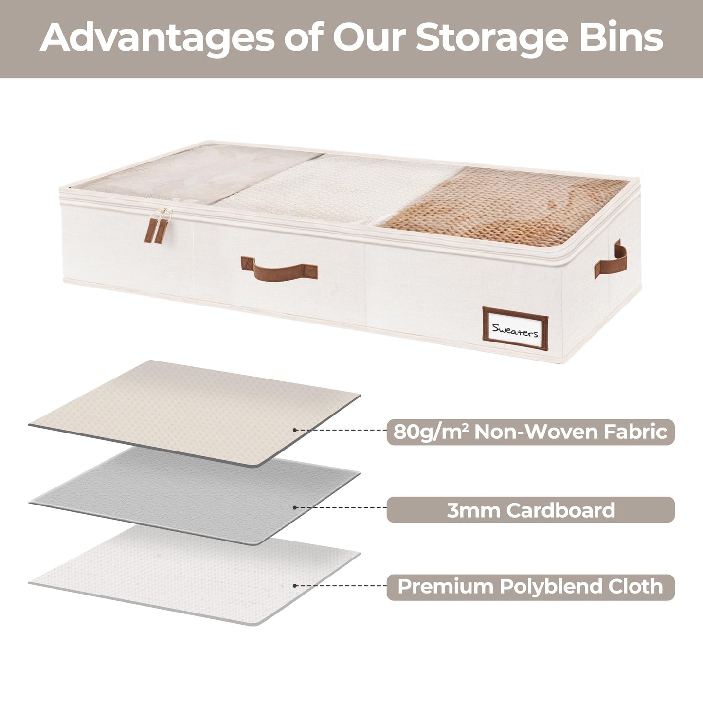 StorageWorks Large Under Bed Storage Containers with Handles and Label Holder, 2 Pack Ultra-thick Fabric Underbed Bins, Closet Organizer for Clothes, Blankets, Sweater