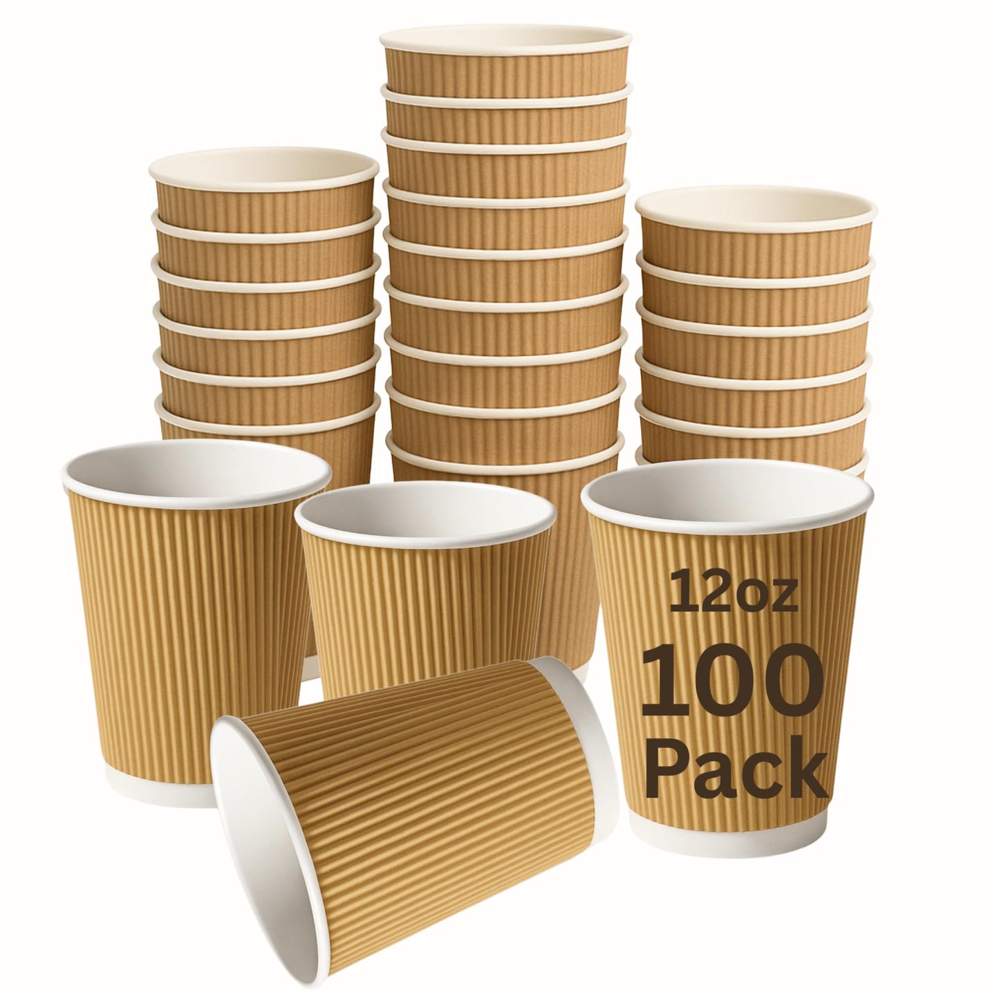Levé (100 Pack – 12oz) Kraft Ripple Wall, Hot & Cold Paper Cups | Disposable Coffee Cups & Eco-Friendly for Coffee, Tea, Office, Home, Events (No Lids)