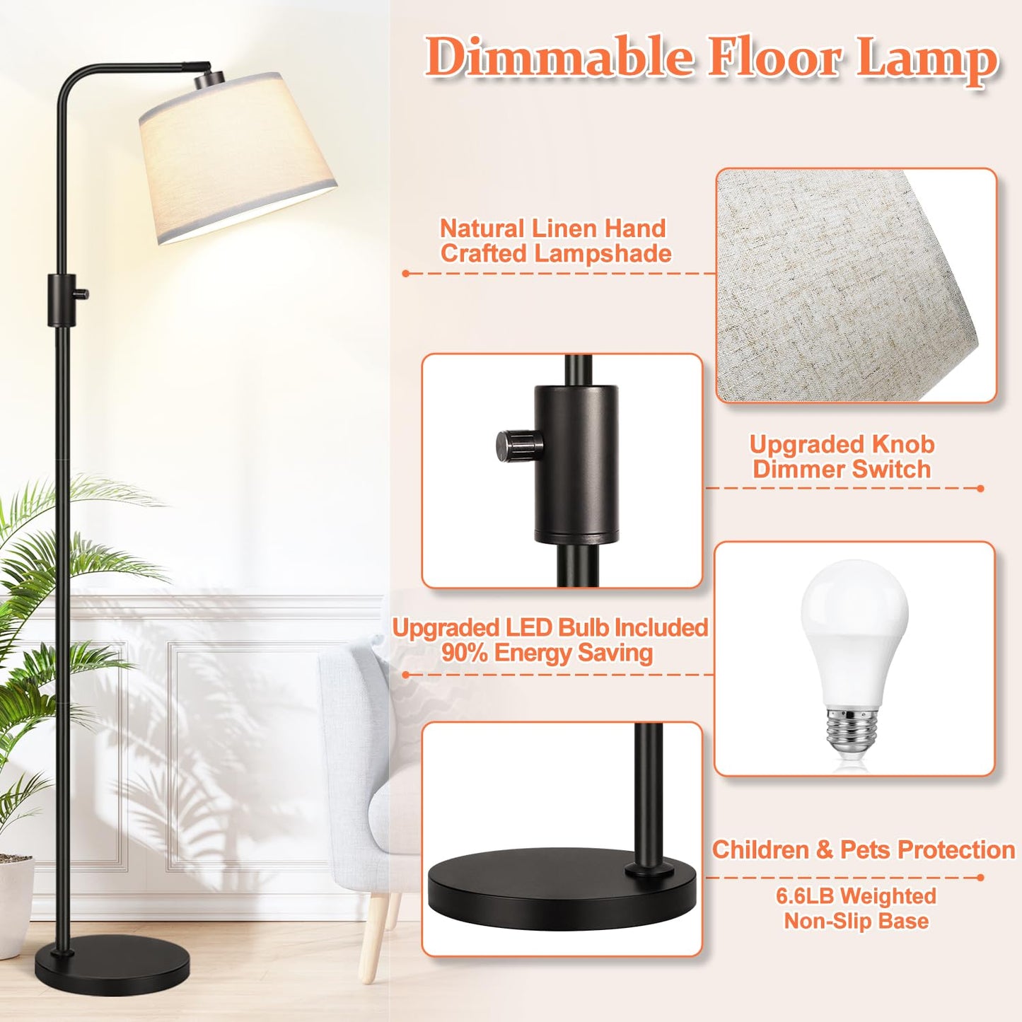 [Upgraded] Dimmable Floor Lamp, 1000 LM LED Edison Bulb Included, Arc Floor Lamps for Living Room Modern Standing Lamp, Tall Lamps for Living Room
