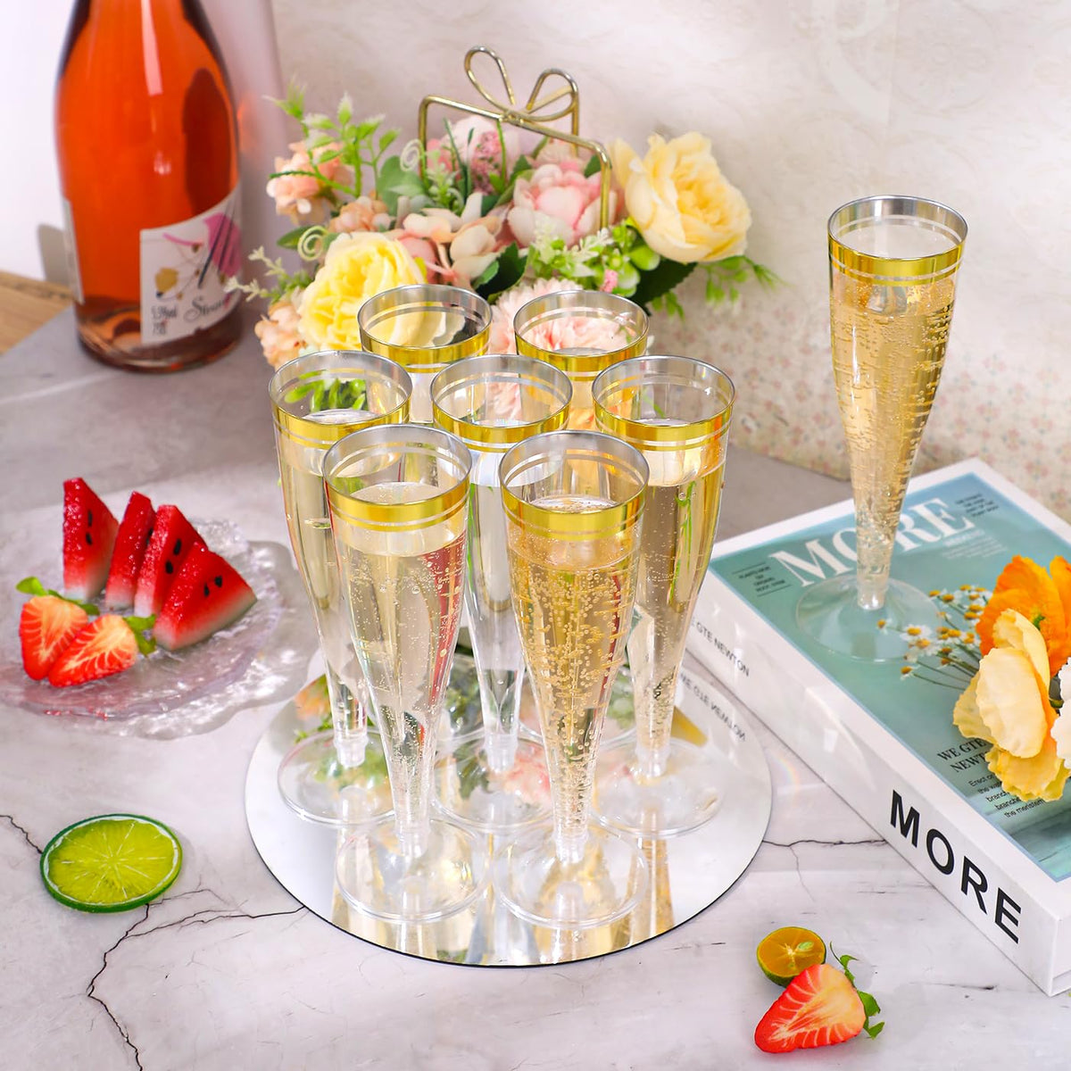 100 Pack Plastic Champagne Flutes,4.5 oz Clear Champagne Glasses with Gold Rim, Disposable Champagne Cups for Wedding Birthday Bridal Shower Party, Mimosa Bar Supplies