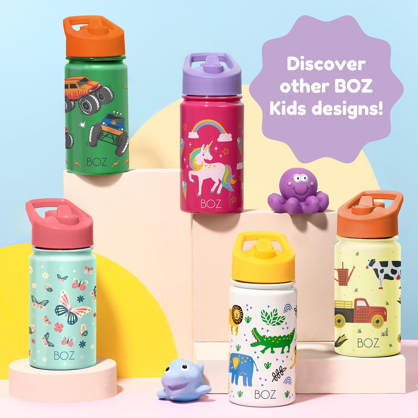 BOZ Kids Insulated Water Bottle with Straw Lid - Two-Pack Unicorn/Mermaid Stainless Steel Vacuum Double Wall Toddler Bottle, 14 oz (414ml) Scratch-Resistant and Dishwasher-Safe