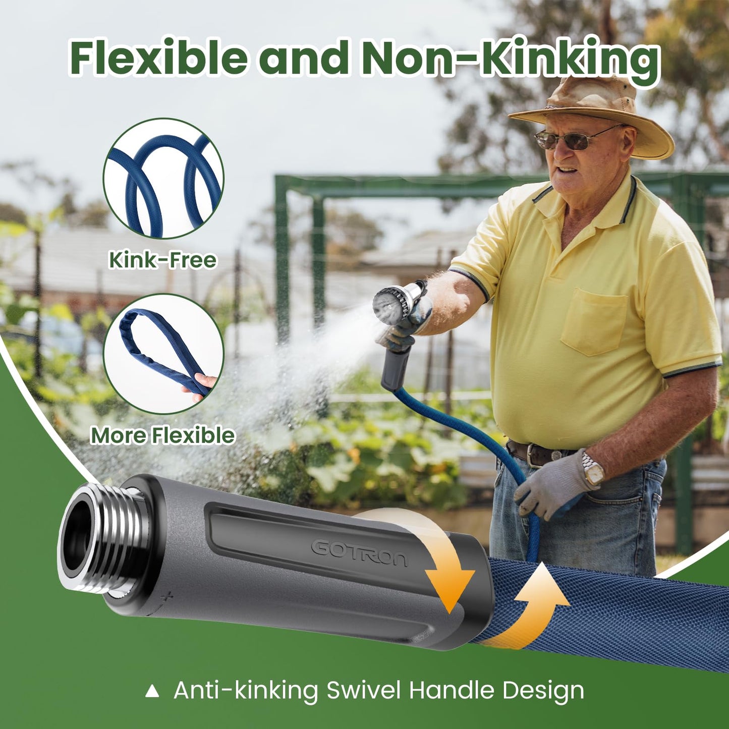 Gotron Garden Hose 50ft, Non-Expanding Lightweight Water Hose with 7 Function Nozzle & 360° Swivel Grip, Flexible, Kink-Free, Wear-Resistant, Leak-Proof, 3/4" Thickened Connector, Yard, Garden