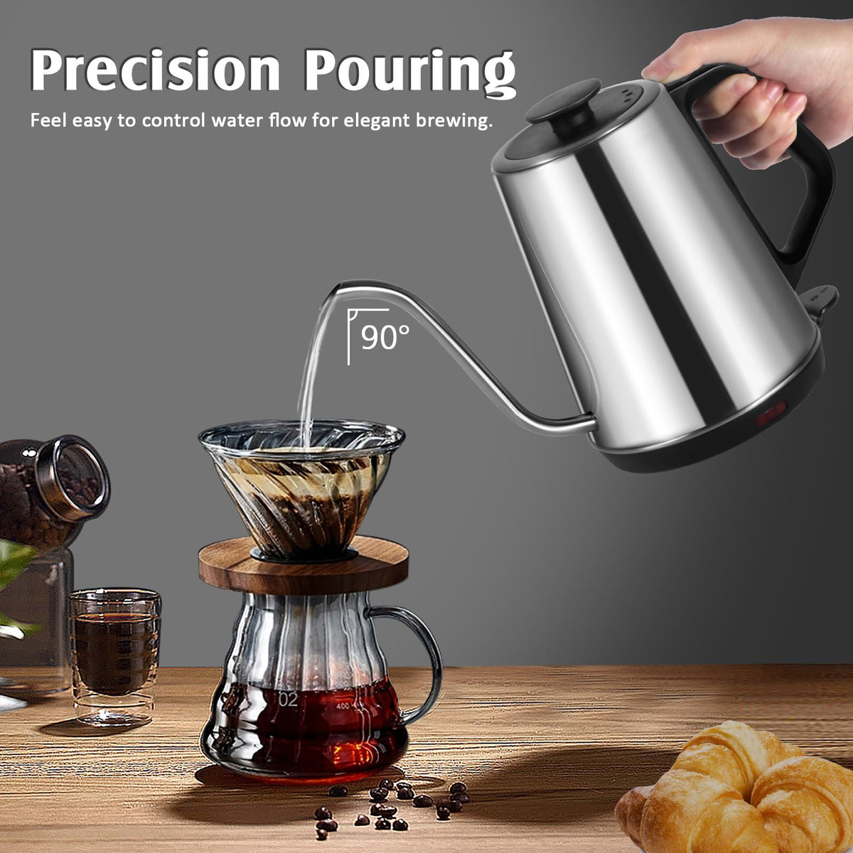 1L Electric Gooseneck Kettle, Tea Kettle for Boiling Water, Gooseneck Electric Kettle for Coffee & Tea, Fast Boiling for Pour Over, Auto Shut-Off, Boil-Dry Protection, 360° Rotational Base - Silver