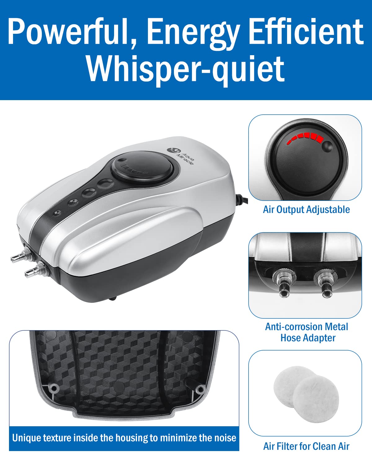 AquaMiracle All-in-One Koi Pond Aerator for Outdoor Ponds up to 1000 Gallons, Pond Air Pump Pond Aeration System with Double Outlet Airline Tubing Air Stones Check Valves