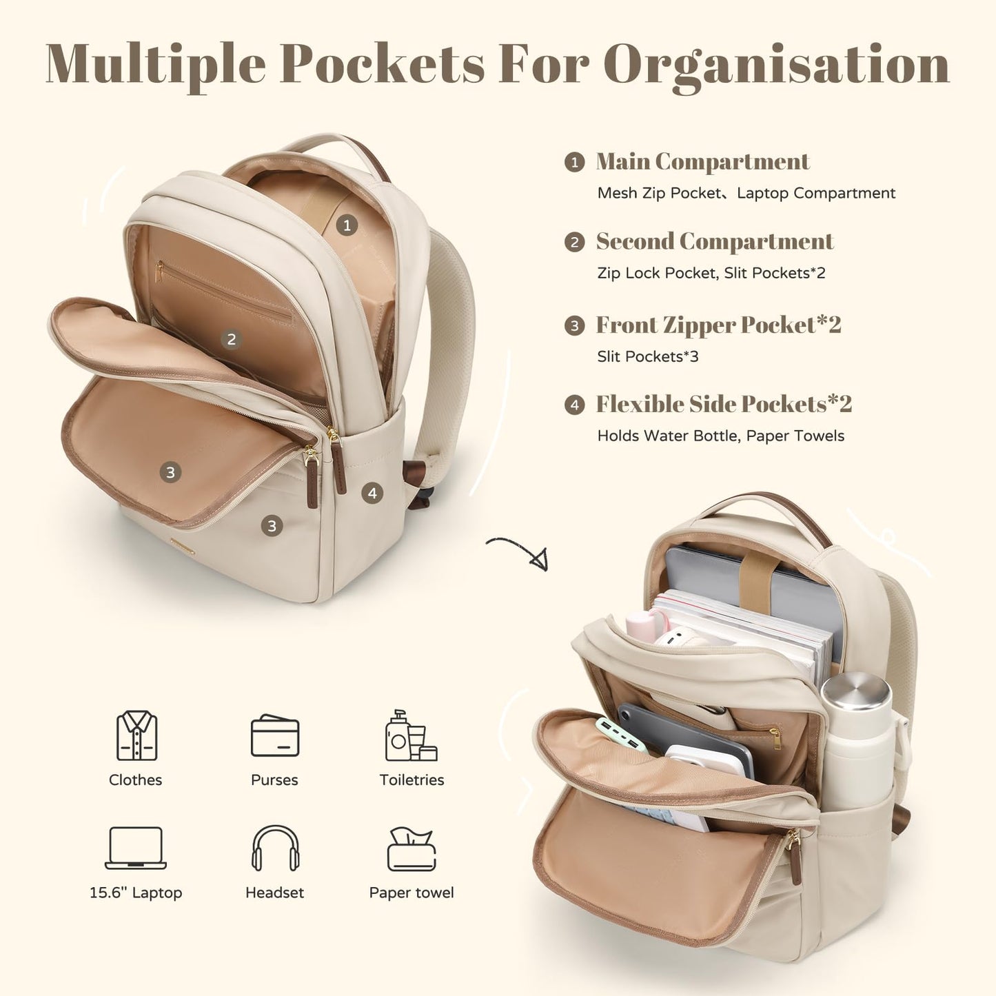 Multifunctional Laptop Backpack for Work Travel Leisure Water-Resistant Multiple Compartments Business Backpack for Women Fits 15.6 Inch Notebook (Apricot)