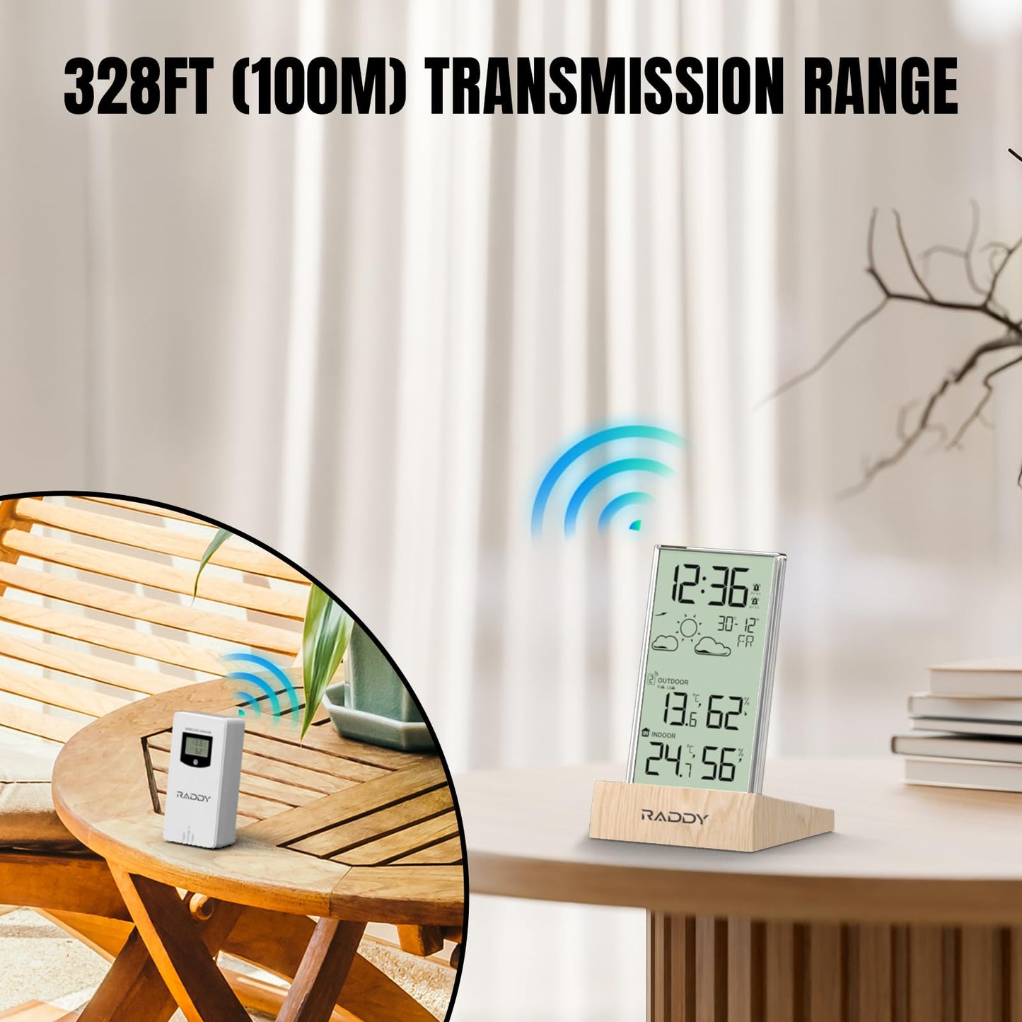 Raddy V5 Indoor Outdoor Thermometer Hygrometer Wireless Weather Station, Battery Powered Temperature & Humidity Monitor with 5.0’’ LCD Display, Weather Forecast, Wireless Remote Sensor