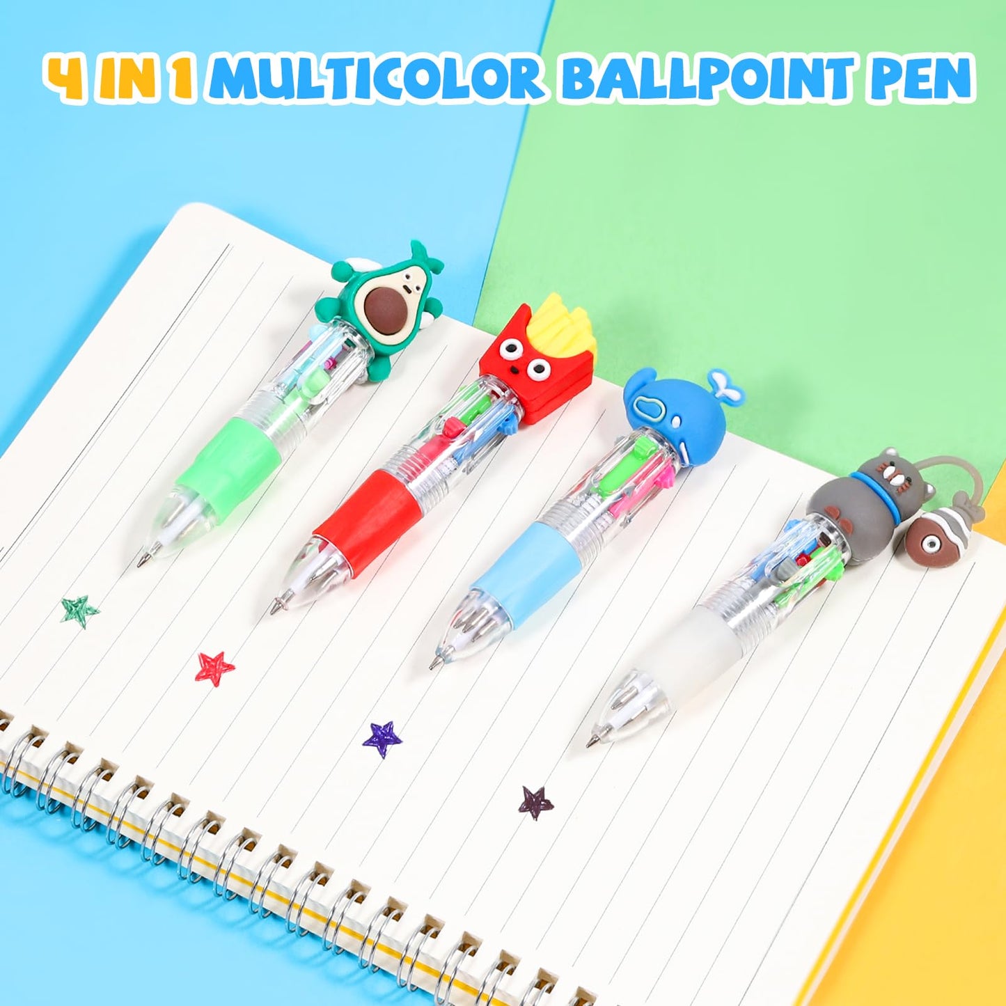 JOLLYFUN 60PCS Mini 4-in-1 Multicolor Retractable Ballpoint Pens - Cute Cartoon Pen Set with Blue Red Black Green Ink - School Supplies, Classroom Prizes, Kids Party Favors, Year End Gifts
