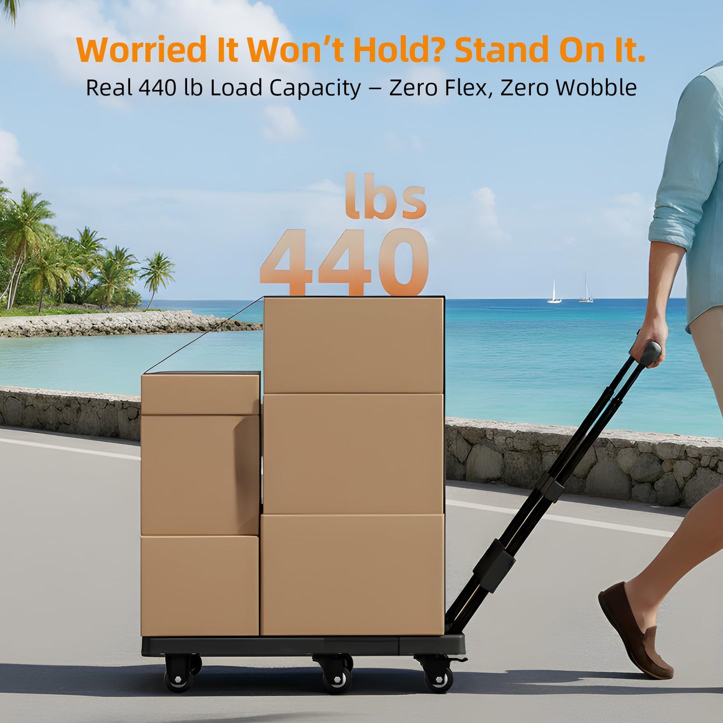 Folding Hand Trucks, Heavy Duty Dolly Cart with 6 Wheels & 2 Elastic Ropes, Foldable & Ideal for Luggage, Travel, Moving, Shopping, Office Use, Hold Up to 500 LB, Easy to Store, Black
