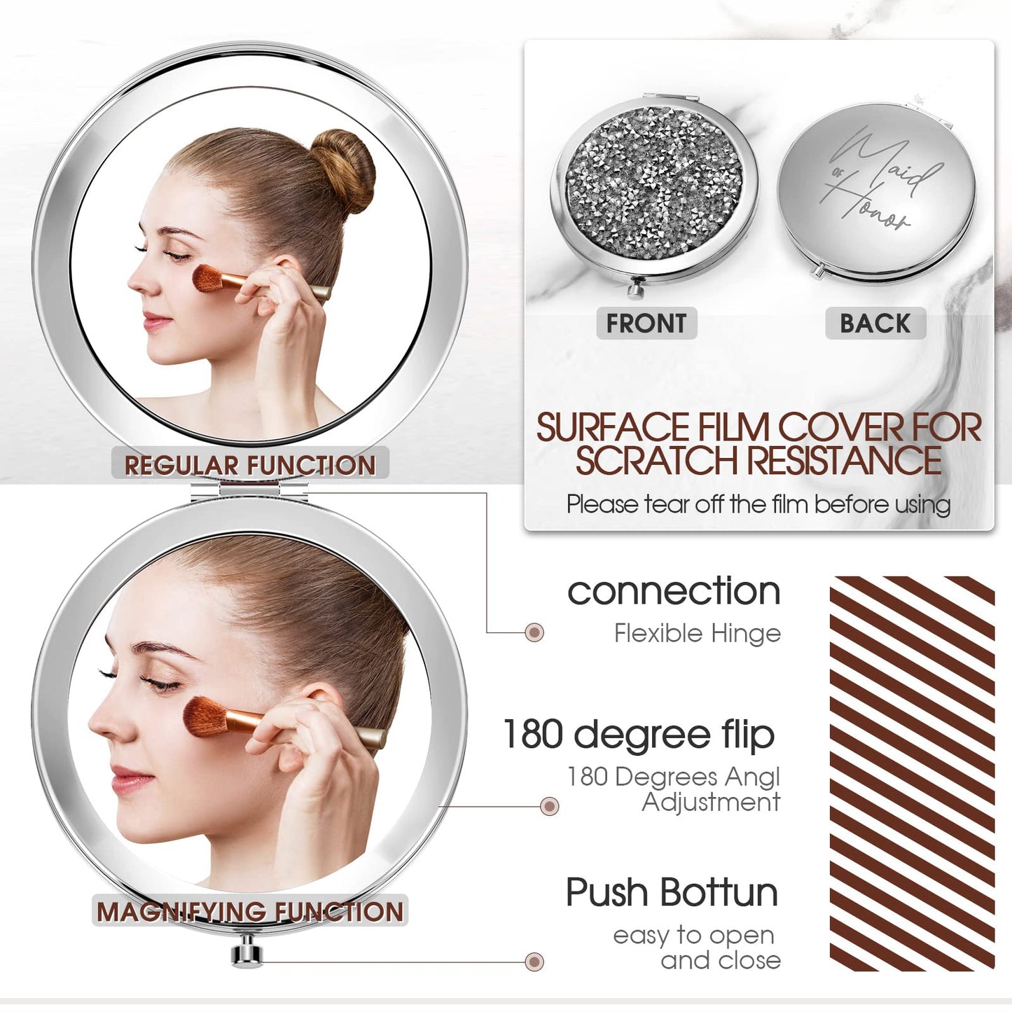 Roowest 8 Pcs Bridesmaid Proposal Gifts Set Bridesmaid Compact Mirrors Magnifying Makeup Double Sided for Purse Pocket for Women Wedding Bridal Shower Gifts Party Favors(Silver, White)