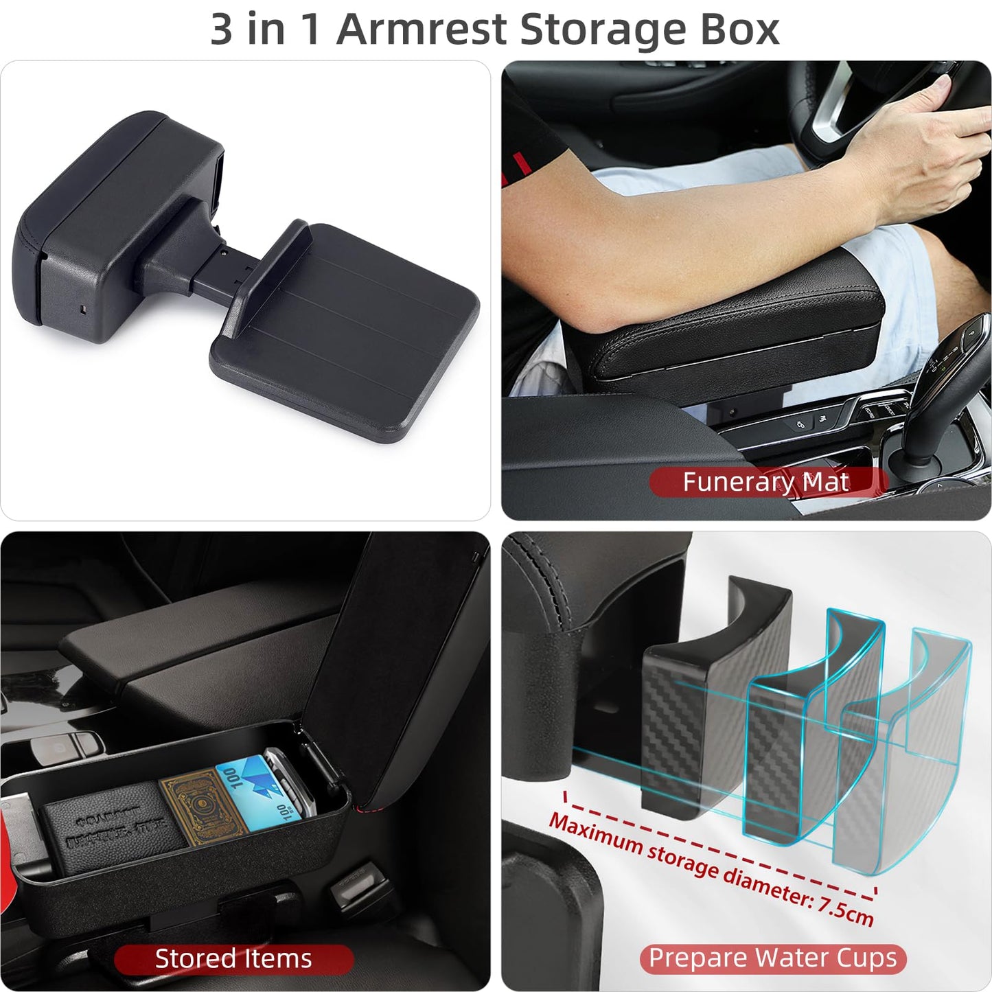 Car Armrest Storage Box with Cup Holder, Adjustable Height Elbow Support Arm Rest Box Pad, Center Console Organizer for Most Vehicles