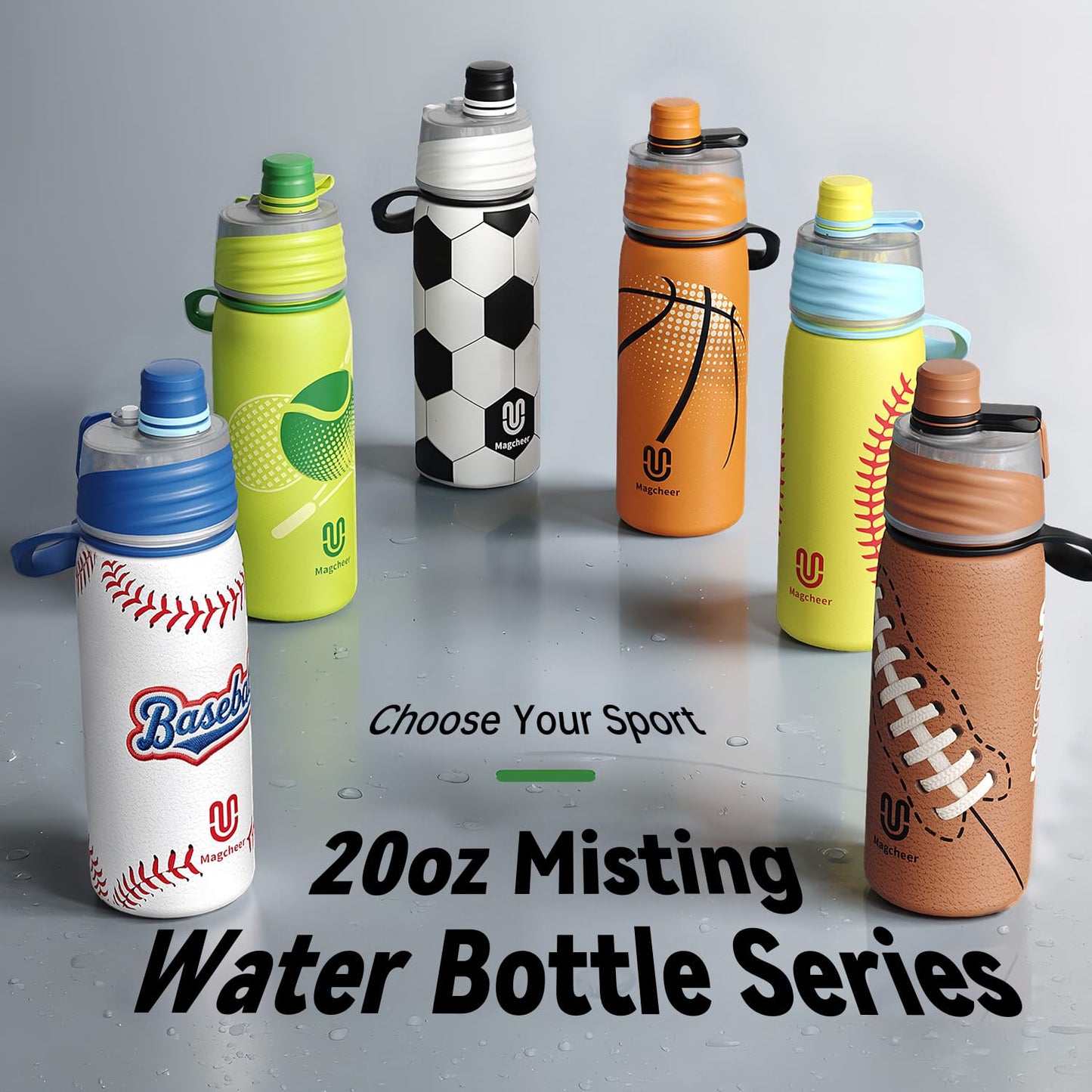 Magcheer 20oz Insulated Misting Water Bottle - 3D Textured Soccer Leak-Proof Cooling Sprayer for Training & Games