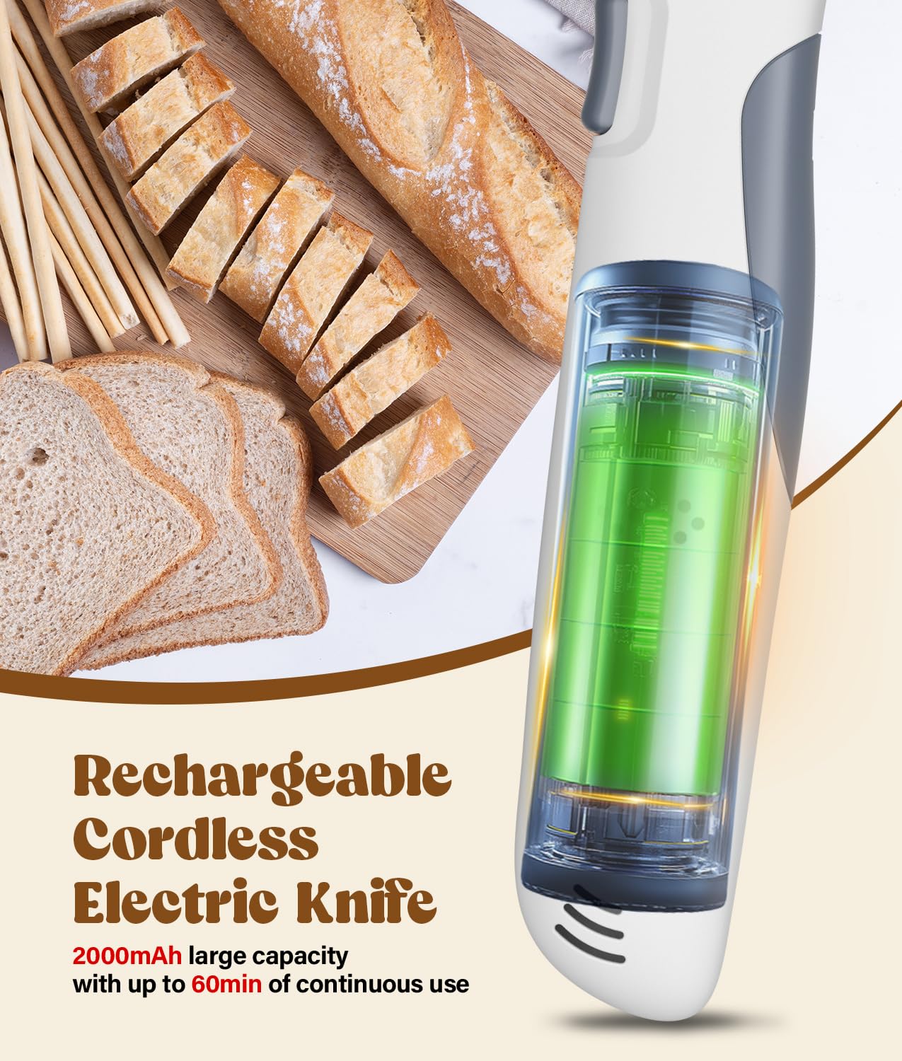 HK Cordless Electric Knife for Meat Slicing, 8V Electric Carving Knife for Fish, Bread, Turkey, Rechargeable Meat Cutter with Reciprocating Stainless Steel Blades, Safety Lock