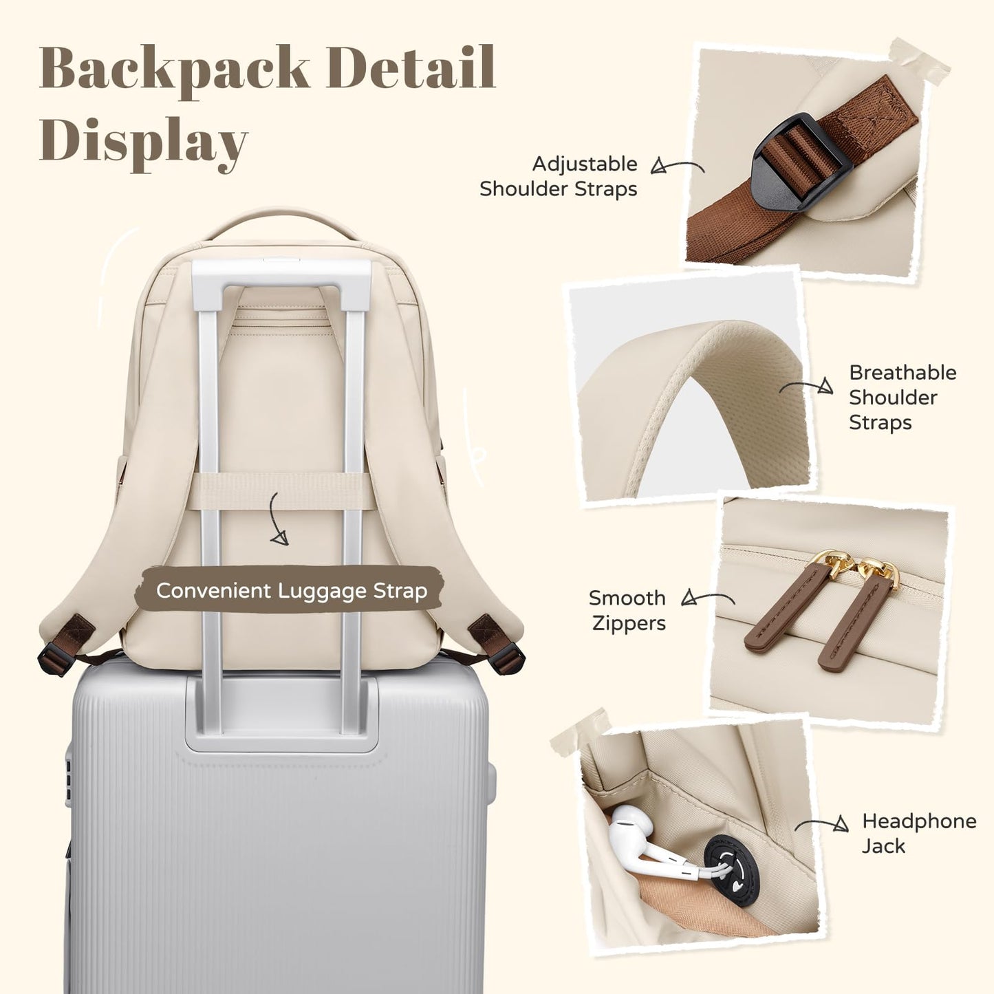 Multifunctional Laptop Backpack for Work Travel Leisure Water-Resistant Multiple Compartments Business Backpack for Women Fits 15.6 Inch Notebook (Apricot)