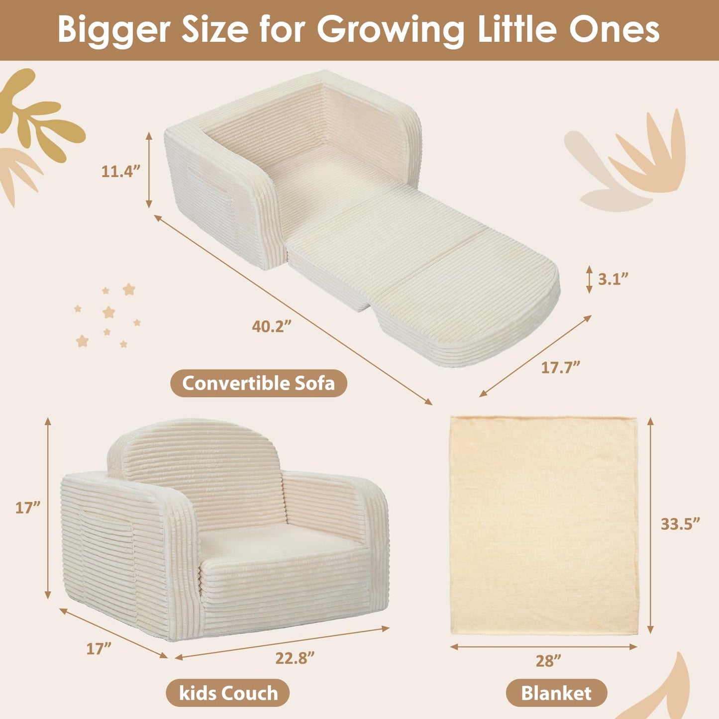 2 in 1 Convertible Kids Couch - Corduroy Fold Out Kids Sofa Chair with Blanket, Comfy Comfortable Toddler Chair, Machine-Washable Cover, for Boys Girls, Medium Beige