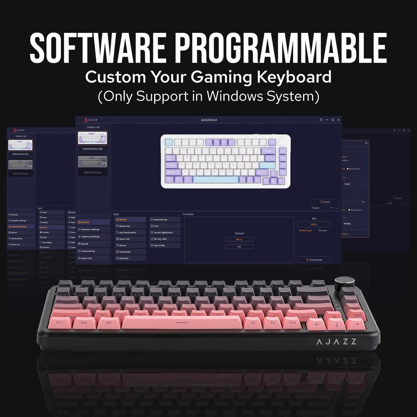 MechLands AJAZZ AK820 MAX HE Hall Effect Magnetic Gaming Keyboard, Adjustable Actuation, 8KHz Polling Rate, Wired Rapid Fast Keyboard, Creamy Gasket, RGB Backlight, NKRO for Win/Mac (Black Pink)