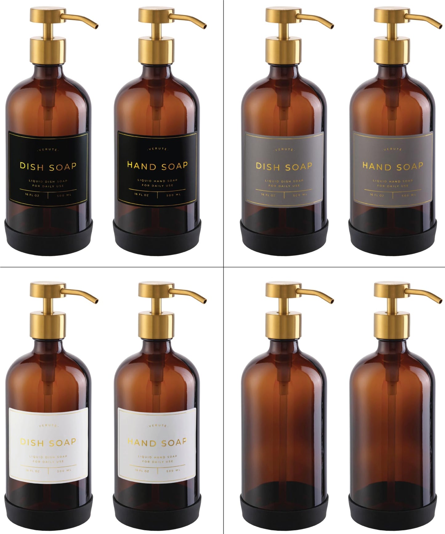 Verute 500ml Glass Soap Dispenser with Stainless Steel Pump, 21 Waterproof Labels, Non-Slip Protective Silicone Pad, Set of 2 for Bathroom & Kitchen (Amber Bottle/Brushed Gold Pump)