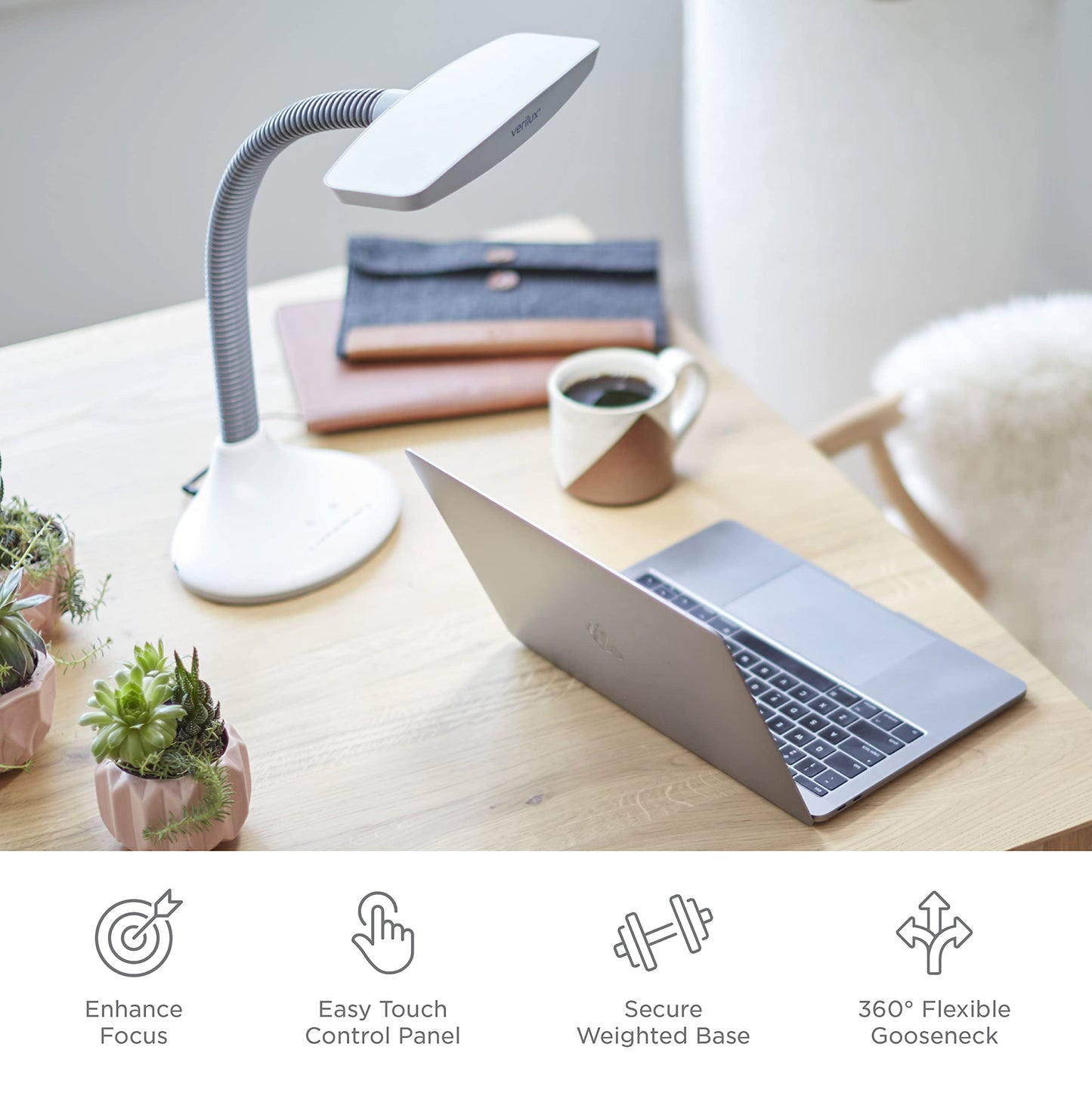 Verilux® SmartLight Full Spectrum LED Desk Lamp with Adjustable Brightness, Flexible Gooseneck, Integrated USB Charging Port, Reduces Eye Strain and Fatigue - Ideal for Reading, Artists, Craft