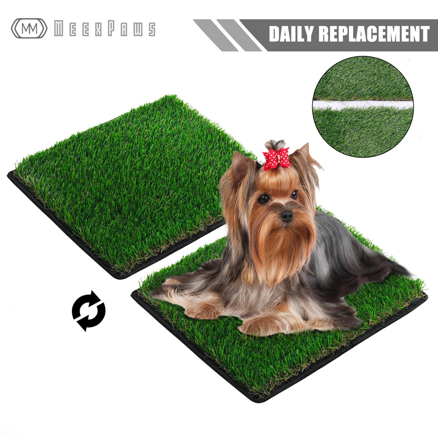 MEEXPAWS Dog Grass Pee Pads for Dogs with Tray | Extra Small 17 x 13 in for Puppy Less Than 6 lbs | 2× Dog Artificial Grass Pads Replacement | Rapid Drainage | Indoor Litter Box | Hemmed Edge