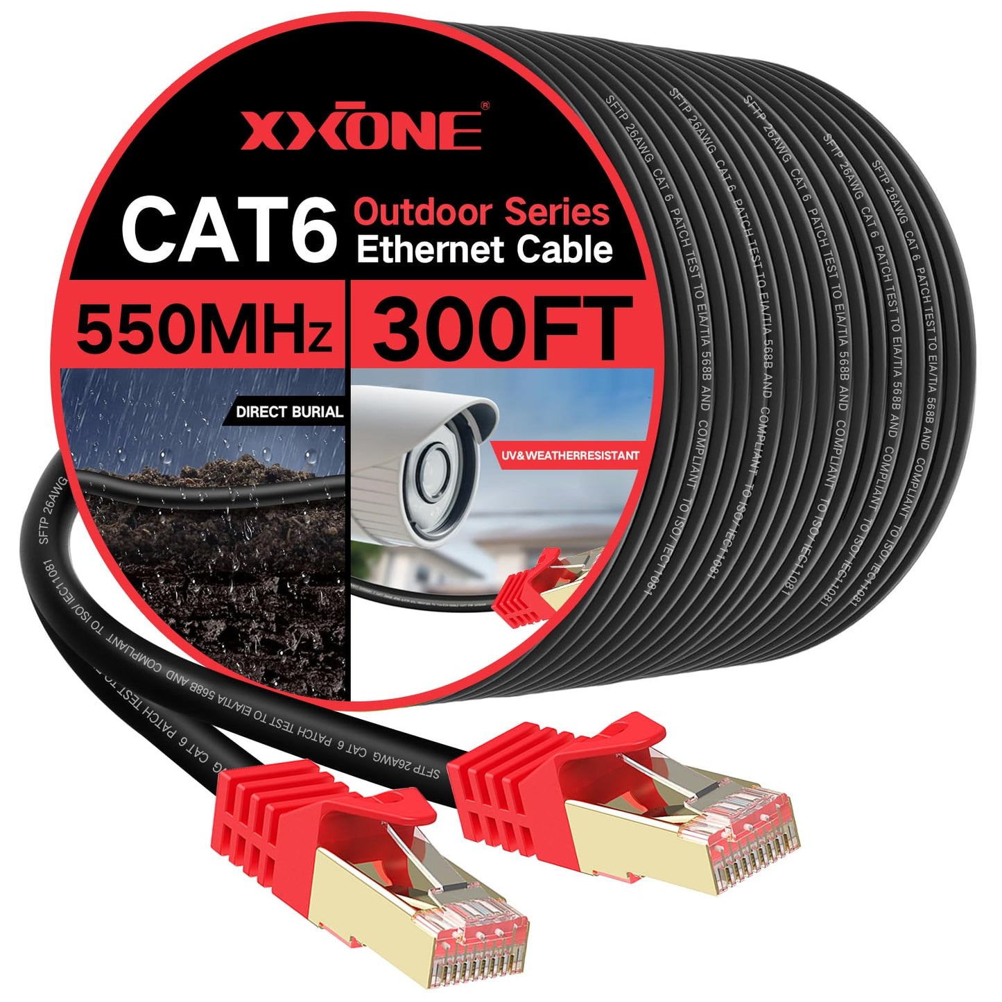 XXONE Outdoor Cat 6 Ethernet Cable 300ft, 26AWG Heavy-Duty Cat6 Networking Cord Patch Cable RJ45 LAN Wire Cable FTP Waterproof Direct Burial
