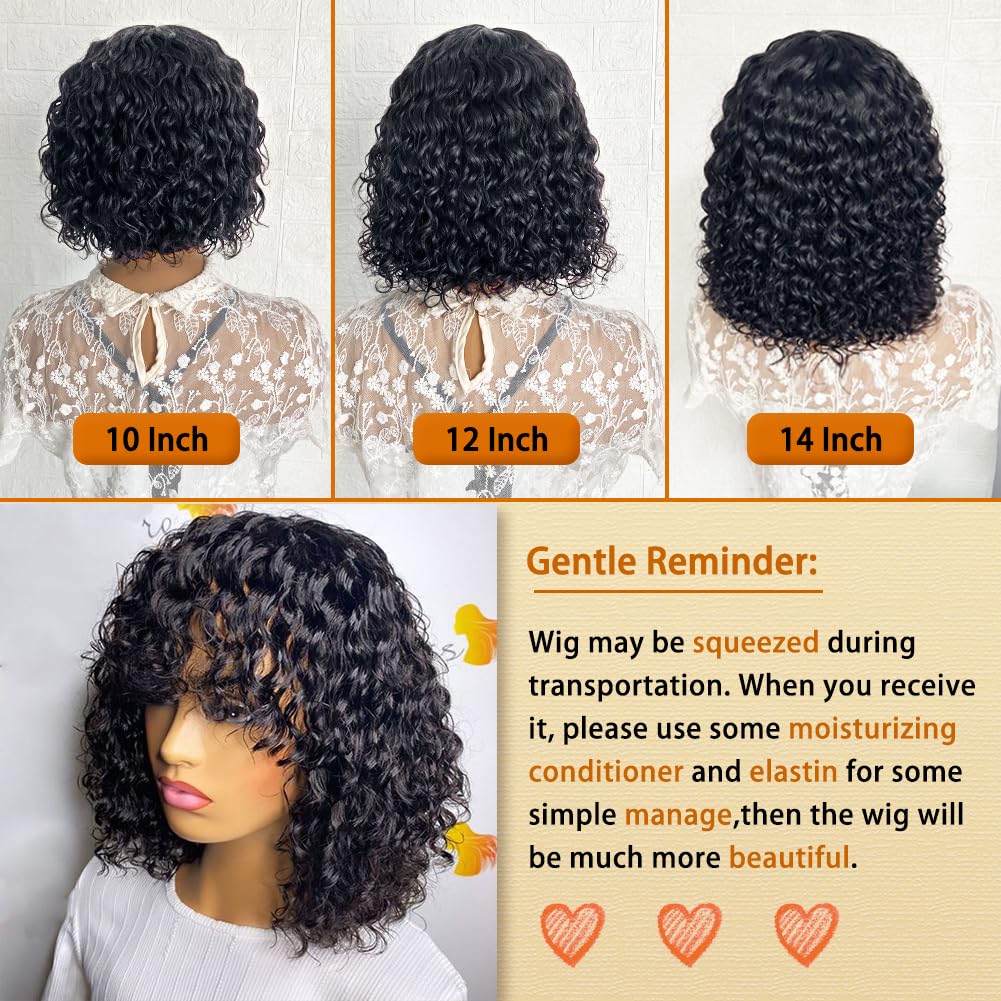ALISFEEL Short Water Wave Human Hair Wig with Bangs Brazilian Non Lace Front Wig Human Hair for Black Women 150% Density Natural Black Glueless Curly Bob Wigs with Bangs (12 Inch)