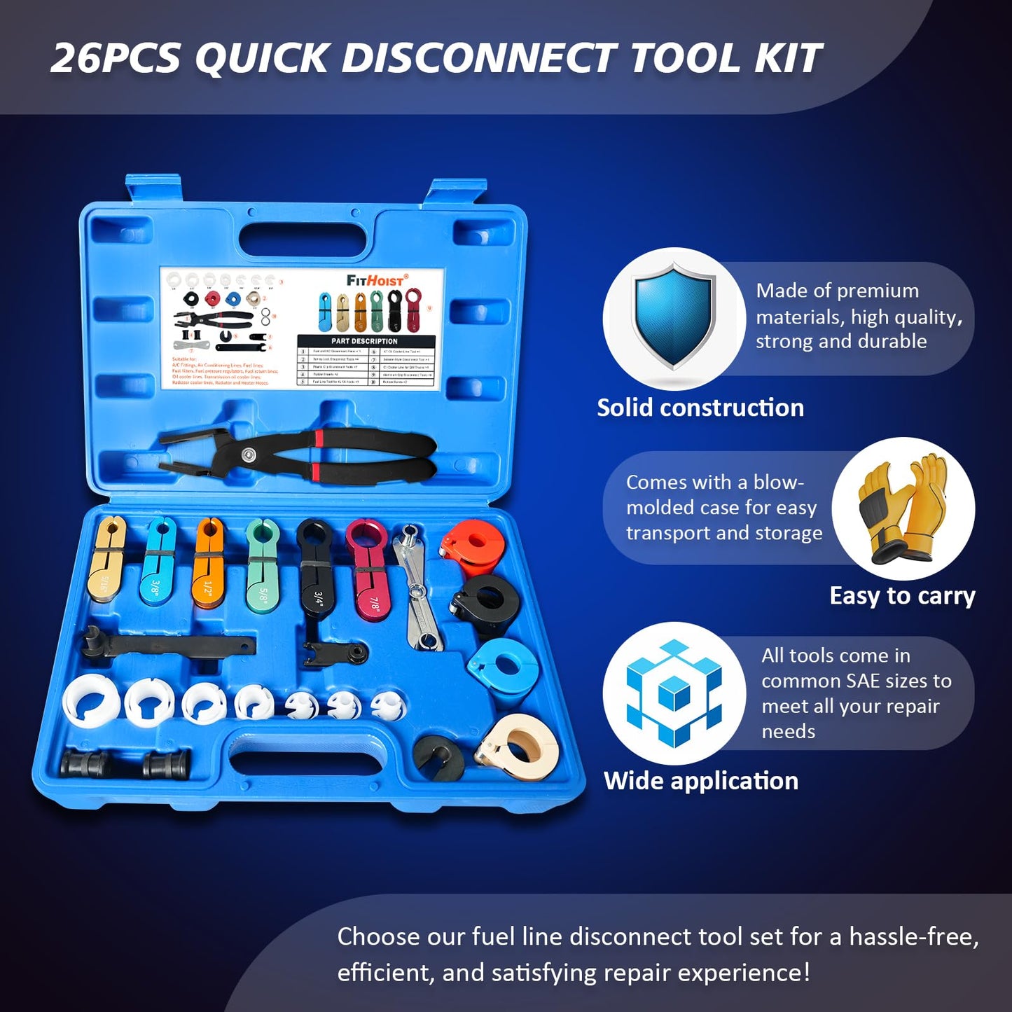 FITHOIST 26Pcs Fuel Line Disconnect Tool Set with Fuel and AC Disconnect Pliers,Master Quick Disconnect Tool Kit, Fuel Line Removal Tools for Air Line GM Trucks,Ford,A/C Fuel&Transmission Systems
