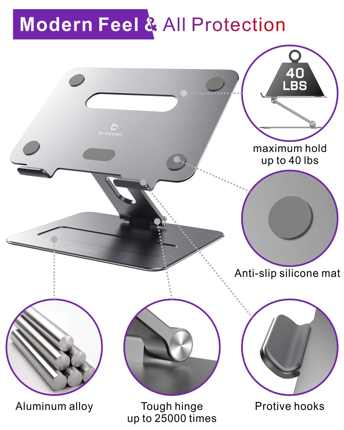 Brocoon Adjustable MacBook Laptop Stand for Desk | Ergonomic Aluminum Laptop Riser with Heat-Vent, Compatible for 10-17" Laptops, Space Grey