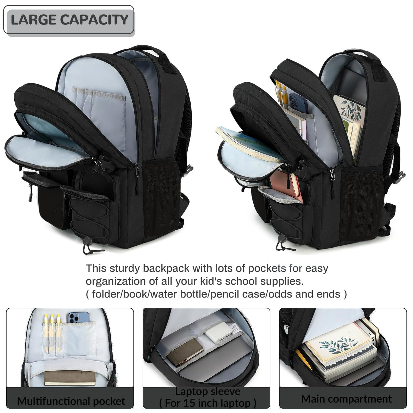 Lohol Water Resistant Daypack with Mulitiple Pockets for Travel Outdoor College, 15.6 inch Laptop Backpack for Men and Women, Black, Large, Daypack Backpacks
