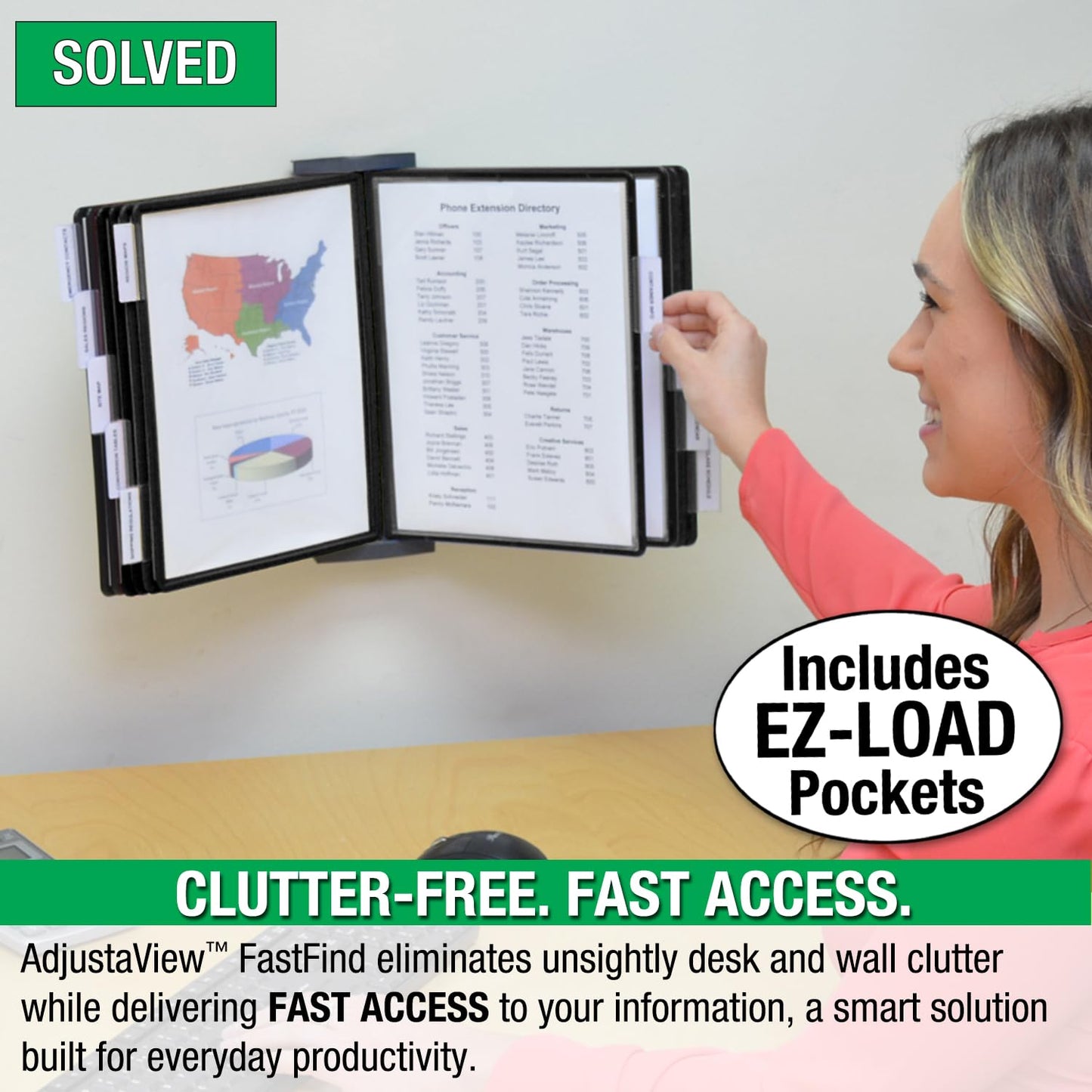 Ultimate Office AdjustaView 10-Pocket Wall Reference Organizer with Easy-Load Pockets and Mounting Screws, Black Pockets