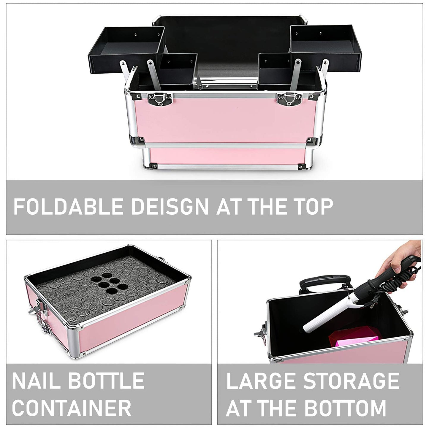 4 in 1 Rolling Makeup Case Professional Cosmetic Trolley, Aluminum Makeup Train Case with 360° Swivel Wheels, Lockable Storage Organizer for Beauty, Salon, Travel, Jewelry, Pink