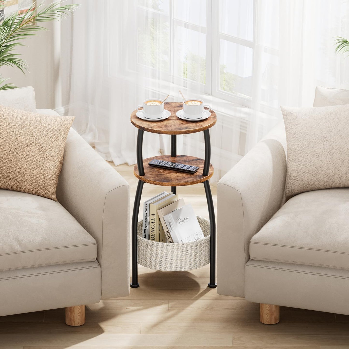 Yuede Side Table Living Room with Storage Basket, Round End Table 3-Tier Accent Nightstand Sofa Corner Table for Small Spaces, Bedroom, Narrow Spaces Coffee Table Rustic Brown