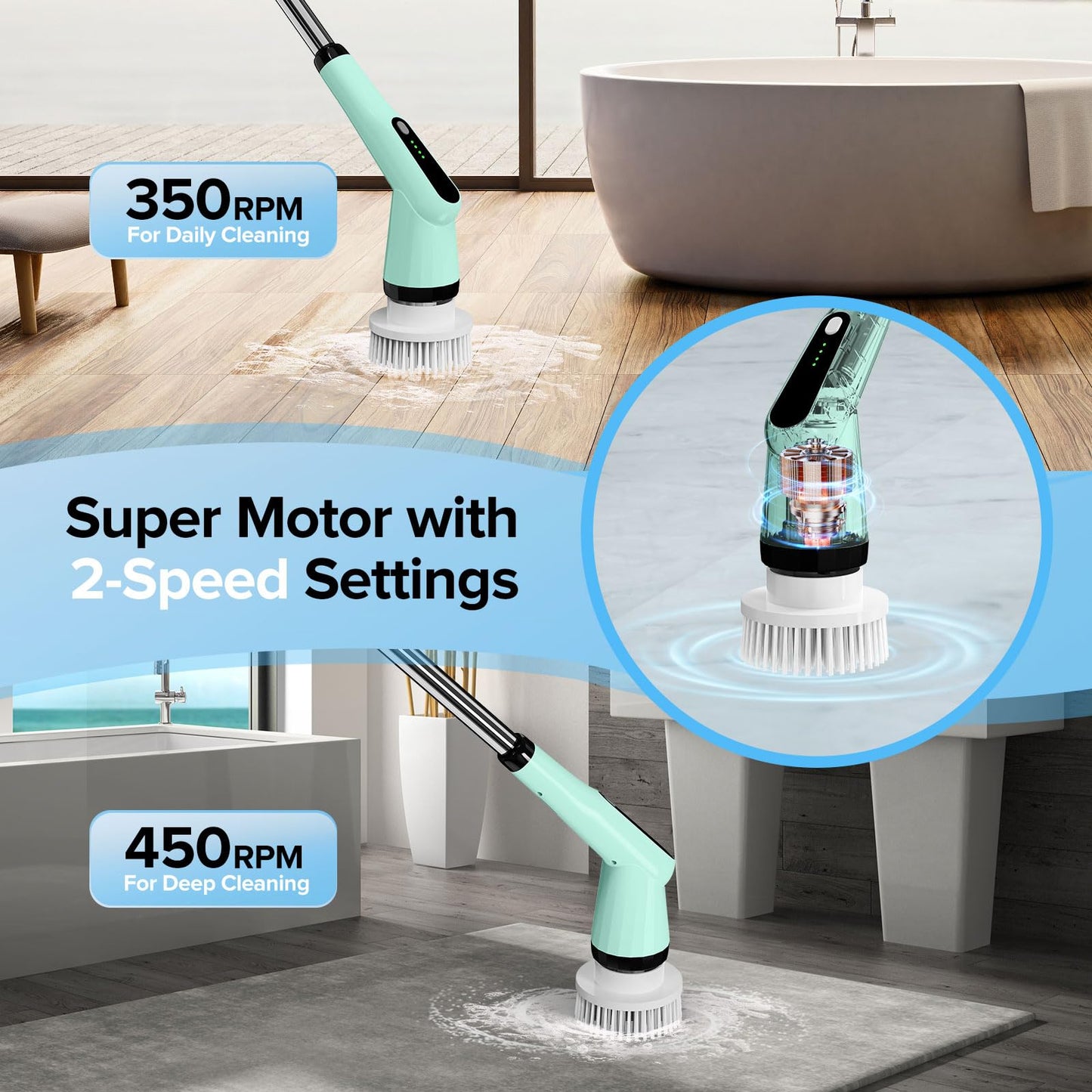 Electric Spin Scrubber, Dreazu IPX7 10-in-1 Bathroom Scrubber， Retractable Handle, 2-Speed Adjustable Shower Cleaner Brush for Bathroom, Bathtub, Kitchen, Tile Floors-Green