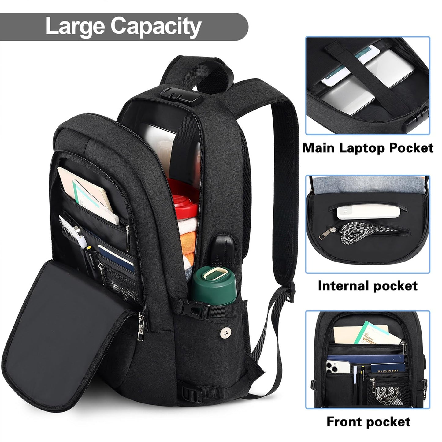 Travel Laptop Backpack, 17.3 inch Anti Theft Business Laptop Backpack with USB Charging Port and Headphone Interface, Computer Backpack for College School Student Work Men & Women