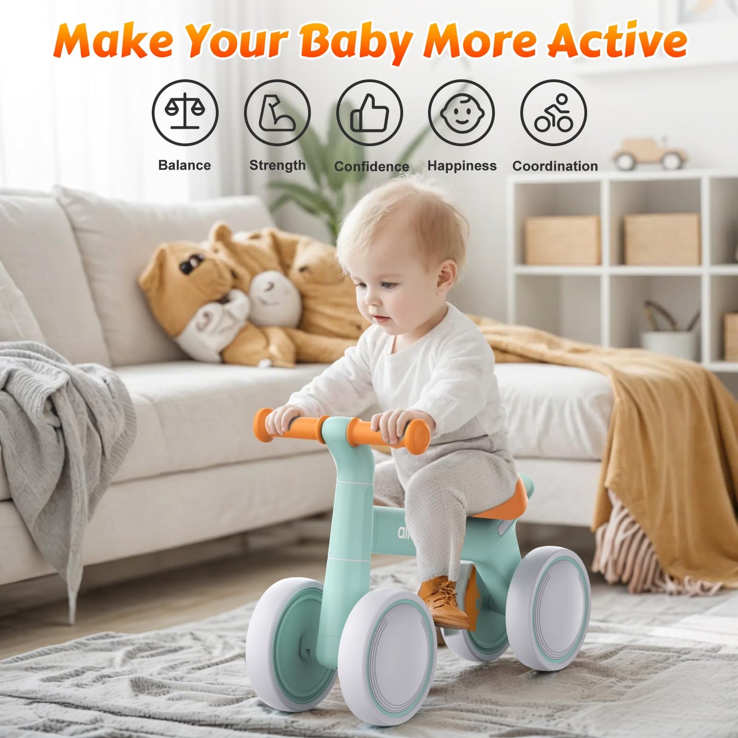 allobebe Baby Balance Bike for 1 Year Old, Toddler Bike for 12-36 Months, 4 Silence Wheels & Soft Seat, Toddler Bicycle Toy, 1 Year Old Girl Birthday Gift