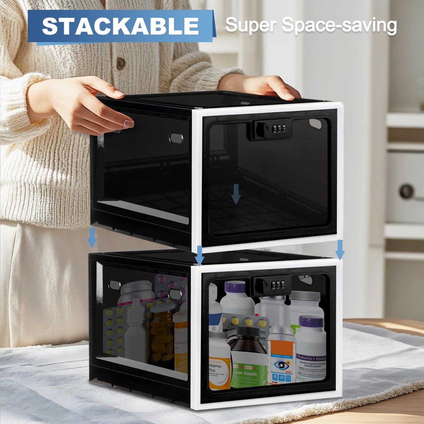 Lockable Box, Medicine Lock Box for Safe Medication, Premium Material Lockable Storage Box Locking Organizer Bin for Fridge Food/Snacks/Phone/Tablet Jail/Home Safety