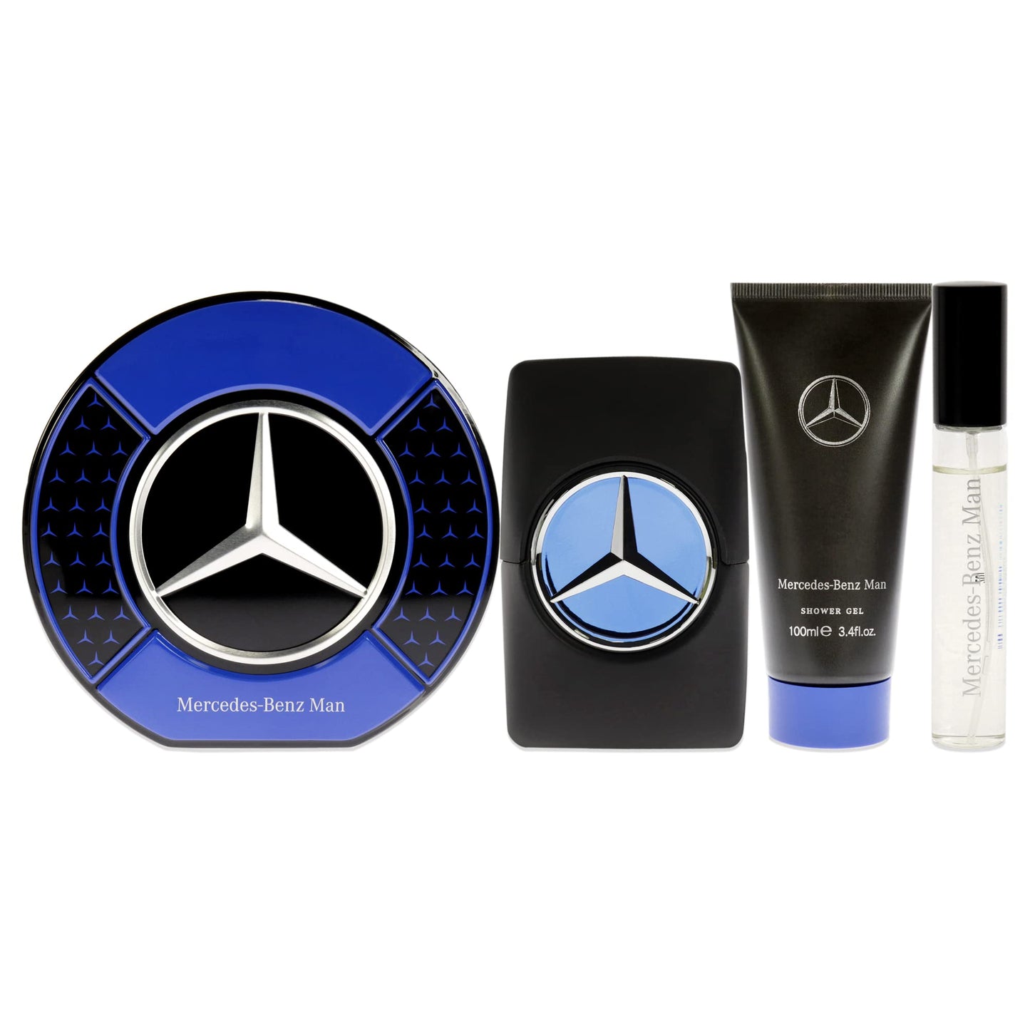 Man Gift Set by Mercedes-Benz - Perfumes for Men - Contains 0.5 oz and 3.4 oz of EDP Spray and 3.4 oz of Shower Gel - Aromatic Woody Fruity Scents - Opens with Notes of Ambrette Seeds and Pear - 3 pc