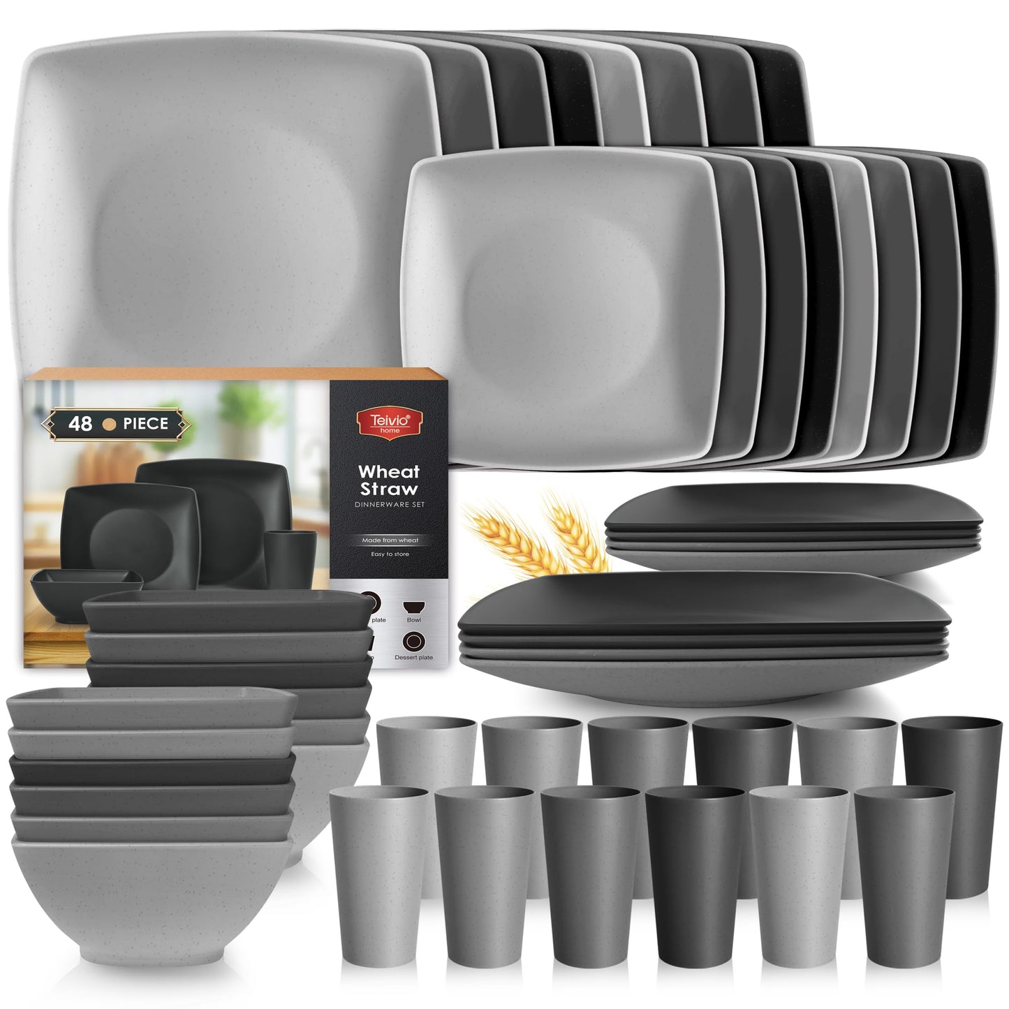 Teivio 48-piece Wheat Straw Square Dinnerware Set for 12, Unbreakable Dinner Plates, Salad Plates, Snack Bowls, Tumblers 13.5 oz, Dishwasher Safe, Plastic Kitchen RV Dish Set, Gray Ombre