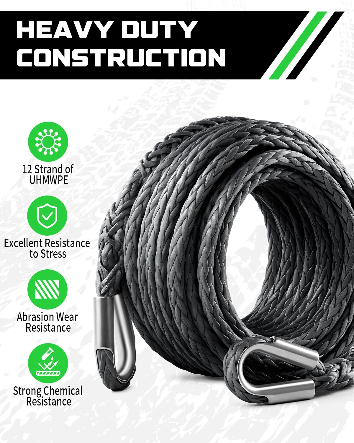 DAYDOOR 3/8'' x 50Ft Synthetic Winch Rope Extension, 26,500 Lbs Winch Extension Rope for Off Road Recovery,Synthetic Extension Line Suitable for ATV UTV SUV (Gray)